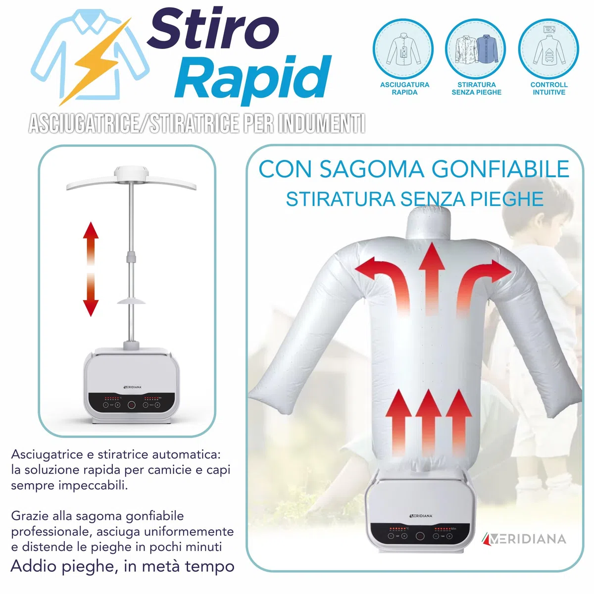 Meridiana Manichino per Stirare e Asciugare Camicie, Stiratore verticale Timer 180 min, Asta Telescopica in Alluminio, Asciuga e Stira camicie Automatico 1200 W, Ferro da stiro verticale