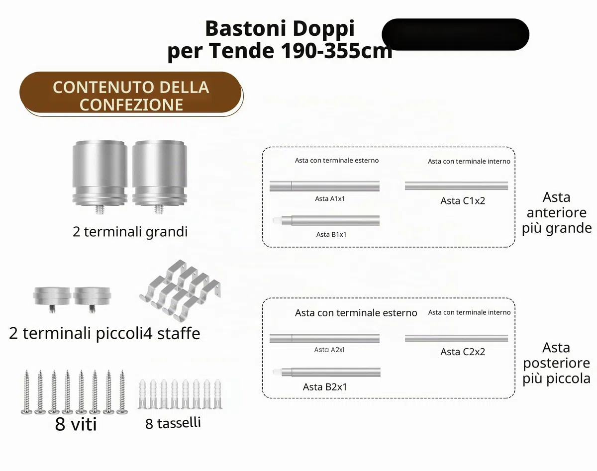 HOTOZON Argento Bastone da Tenda Doppio 190-355 cm, 25 mm Estensibile Bastone Tenda Doppio Montado en la Pared con Remates de Tapa Para Ventanas
