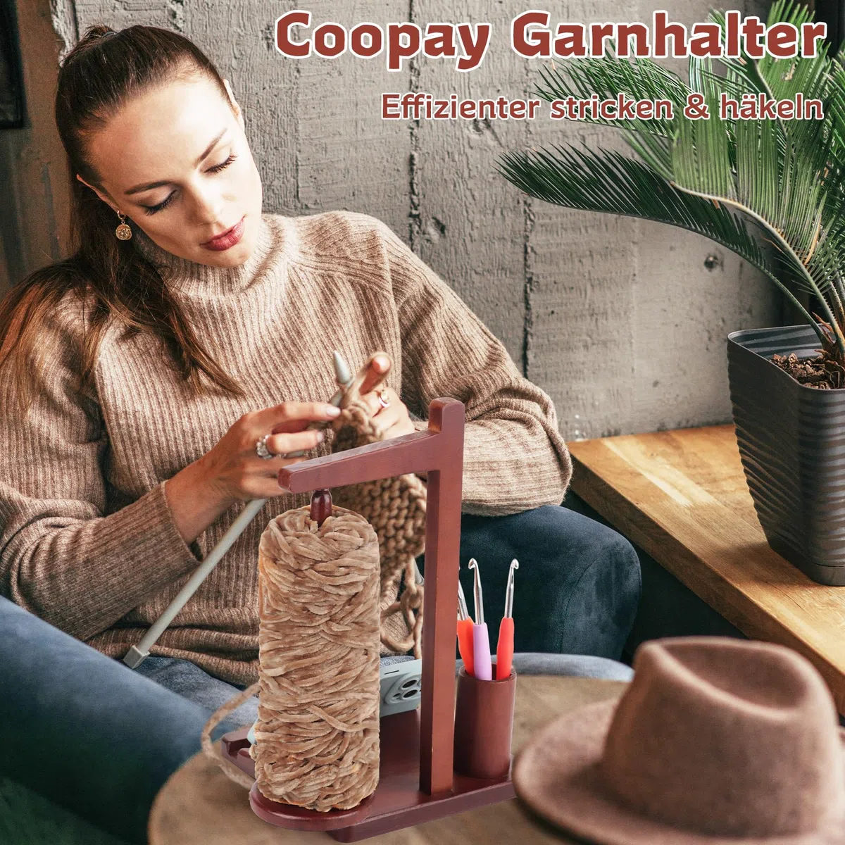 Coopay Garnhalter per l'uncinetto, svolgitore multifunzionale in legno, porta filo per uncinetto, grande porta lana per l'uncinetto e il lavoro a maglia, porta lana magnetico con contenitore e