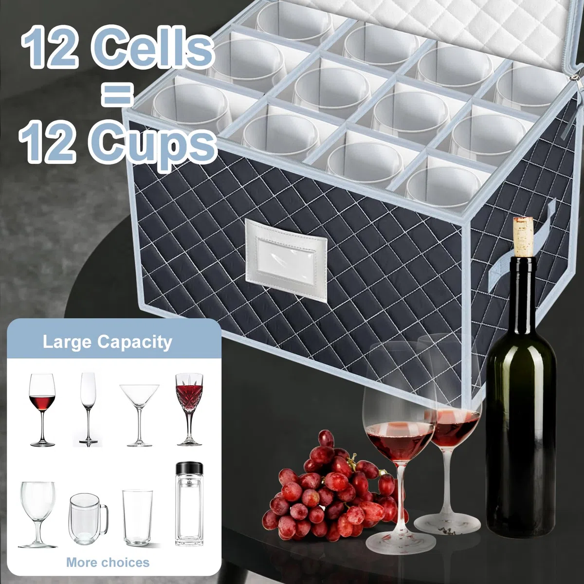 Contenitore per bicchieri da vino con 12 divisori, porta protezione per calici, contenitore per bicchieri da vino, stoviglie in cristallo fragile, viaggi, campeggio (grigio)