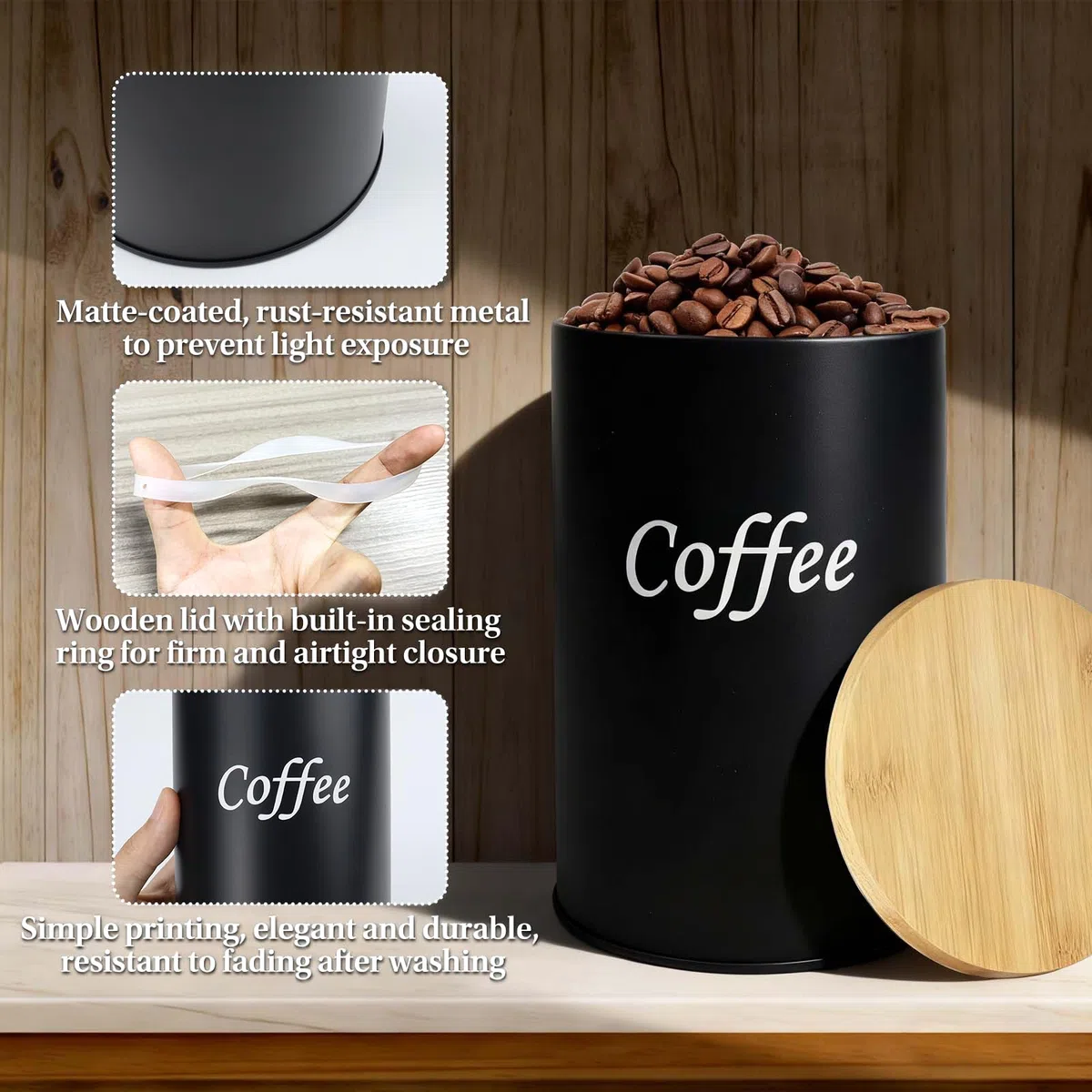 Set da 2 barattoli per caffè ermetici (Nero & Bianco), 1000 ml con coperchio in bambù – contenitori per chicchi di caffè, caffè macinato, capsule e cialde – ideale per cucina, coppie e amanti del cafè