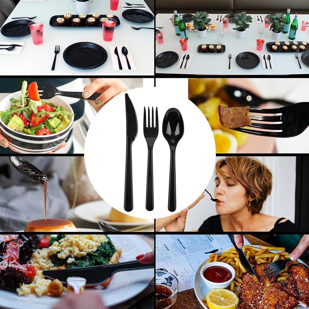 Set di posate di lusso da 150 pezzi, 5 g, riutilizzabili, lavabili in lavastoviglie, 50 forchette, 50 coltelli, 50 cucchiai, colore nero/bianco/trasparente (nero)