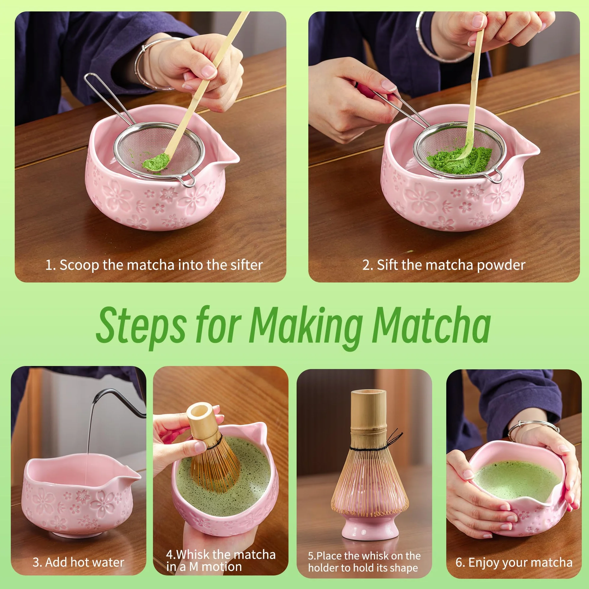 TEANAGOO Set di 7 fruste rosa Matcha con design a fiori di ciliegio, kit completo per cerimonia, ciotola Chawan in ceramica con beccuccio, frusta e accessori, set da tè matcha tradizionale per latte