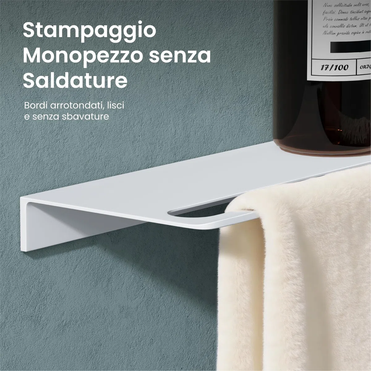 Mai & Mai Mensola da Parete Multifunzionale 40cm, Mensola per Doccia in Alluminio con Portasciugamani Mensola da Appendere per Bagno e Cucina, Bianco Opaco, Reglo-06