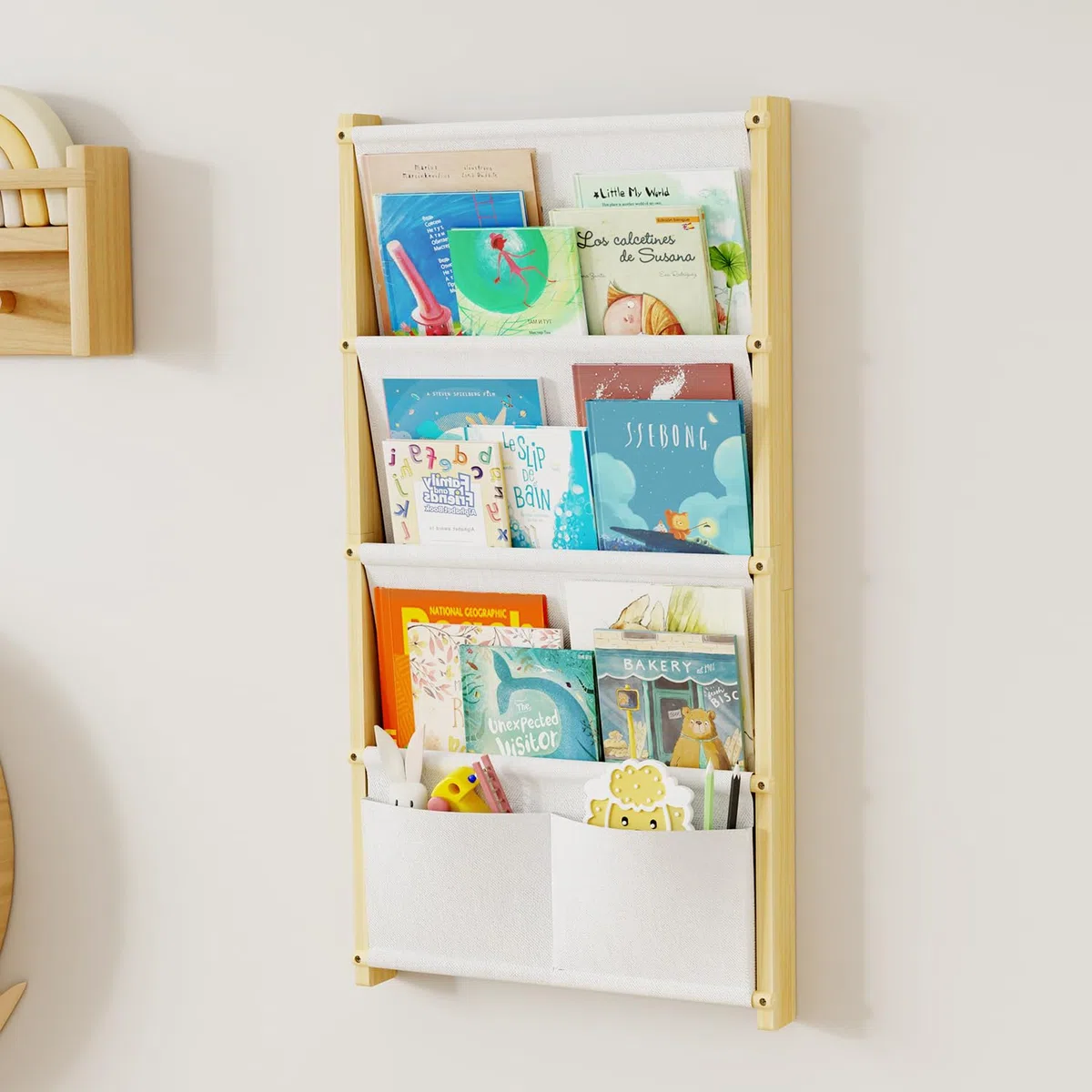Libreria a parete in legno a 4 ripiani, per bambini, per camerette dei bambini, asilo, aula, libreria da appendere, organizer per libri, libreria Montessori, bianco