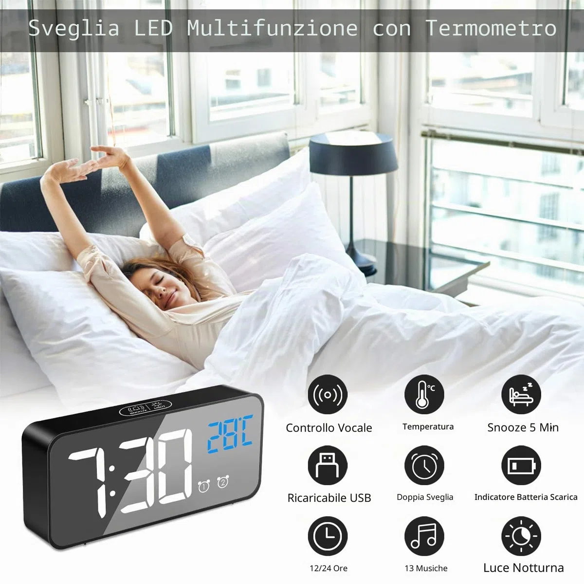 MOSUO Sveglia Digitale, Sveglia da Comodino con Temperatura e LED Grande Schermo, Orologio a Specchio con 2 Allarme, Snooze, Suoni e Luminosità Regolabile, Controllo Vocale, USB Ricaricare, Nero