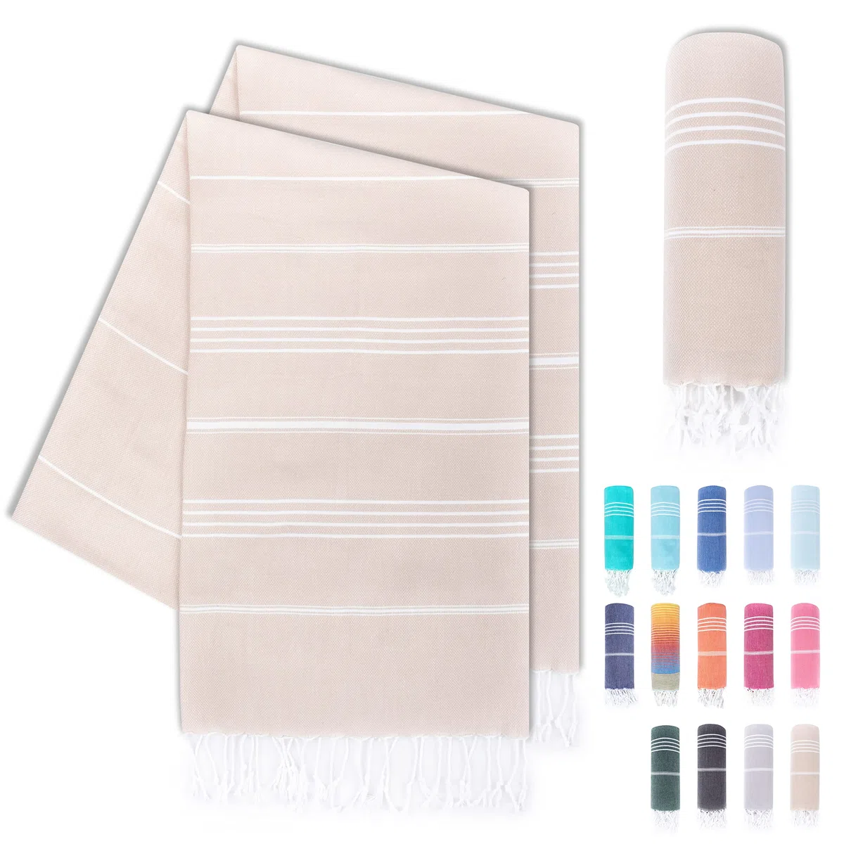 LAYNENBURG Set di 2 telo mare premium con frange annodate a mano - 100% cotone Telo fouta hammam XXL 100x200 cm - OEKO-TEX 100 - telo hamam grande - asciugamano sauna e pestemal (Beige)