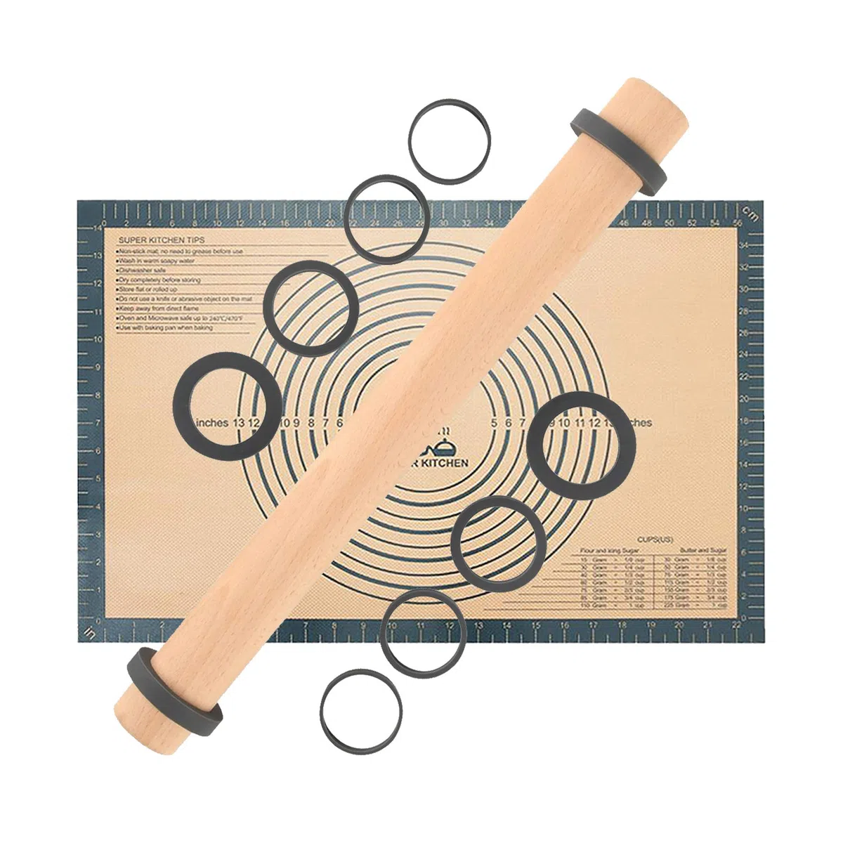 SUPER KITCHEN Mattarello in Legno Con 5 Dischi Regolabili Anello e Antiaderente Tappetino da Forno 60x40cm, Stuoia di Rolling della Pasticceria del Silicone, Spianatoia per Impastare (Grigio)