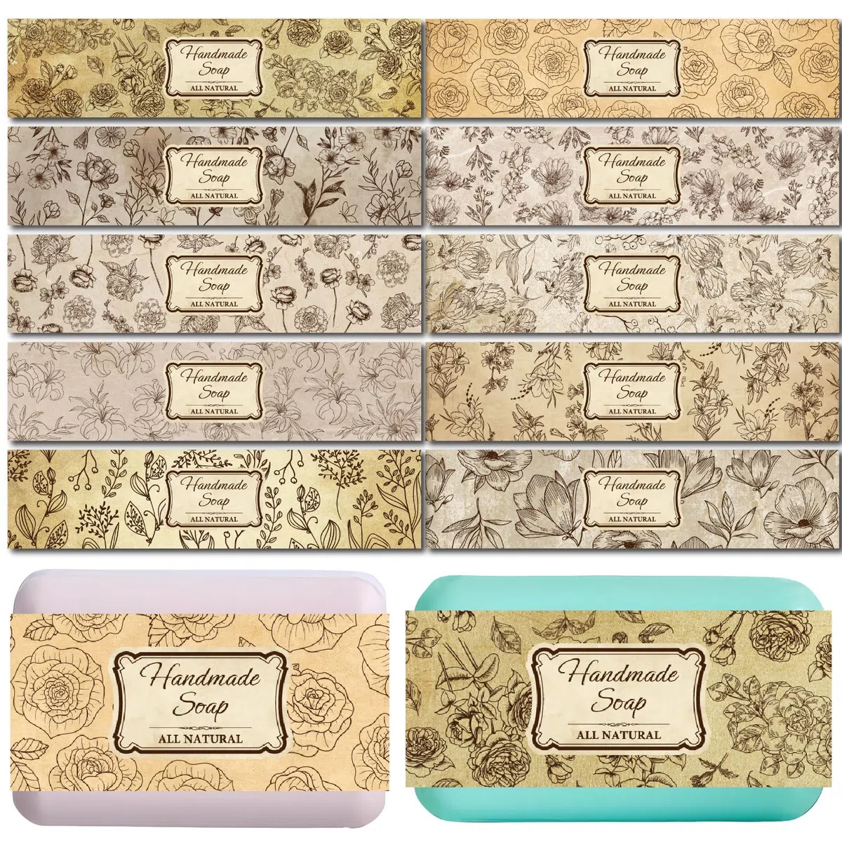 CREATCABIN 100 pz. Confezione Sapone 10 Stili Nastro Carta Sapone Motivo Floreale Vintage Etichette Verticali Sapone Fascette Forniture Imballaggio Saponette Fatte A Mano Confezioni Regalo 5x21cm