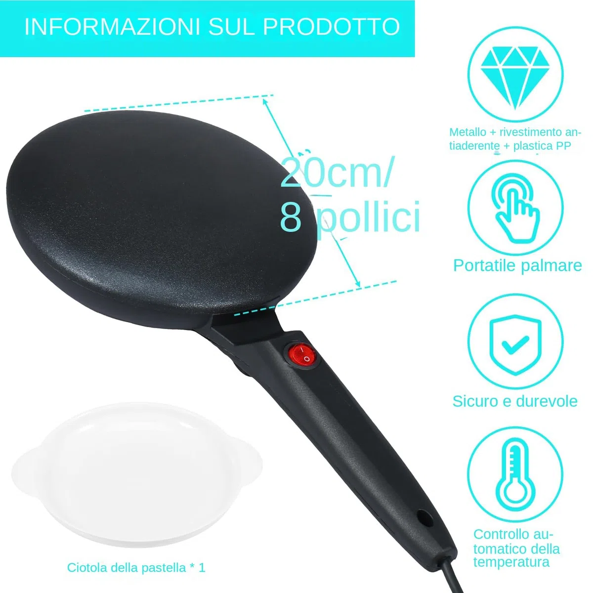 Piastra elettrica per crepe rotonda per crepes - Crepe Maker rotonda, macchina per crepe portatile 600 W | Teglia per pancake antiaderente con controllo termostatico da 7,87 pollici per la casa con
