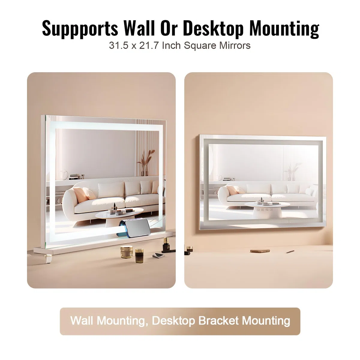 VEVOR Specchio per Trucco Illuminato con Lampadine LED da Banco Specchio per Trucco 3 Modalità di Illuminazione a Colori con Specchio Ingranditore 5X Bluetooth Controllo a Tocco 797x547mm, Bianco