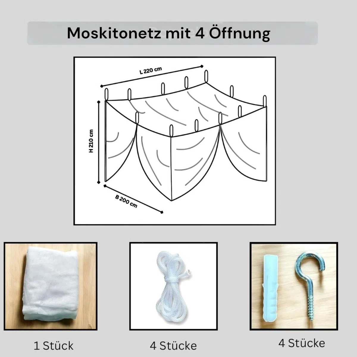 Letto a baldacchino con zanzariera, quadrato, 220 x 200 x 210 cm, con gancio, tassello, borsa da viaggio, per letto matrimoniale e singolo, zanzariera per viaggi e casa