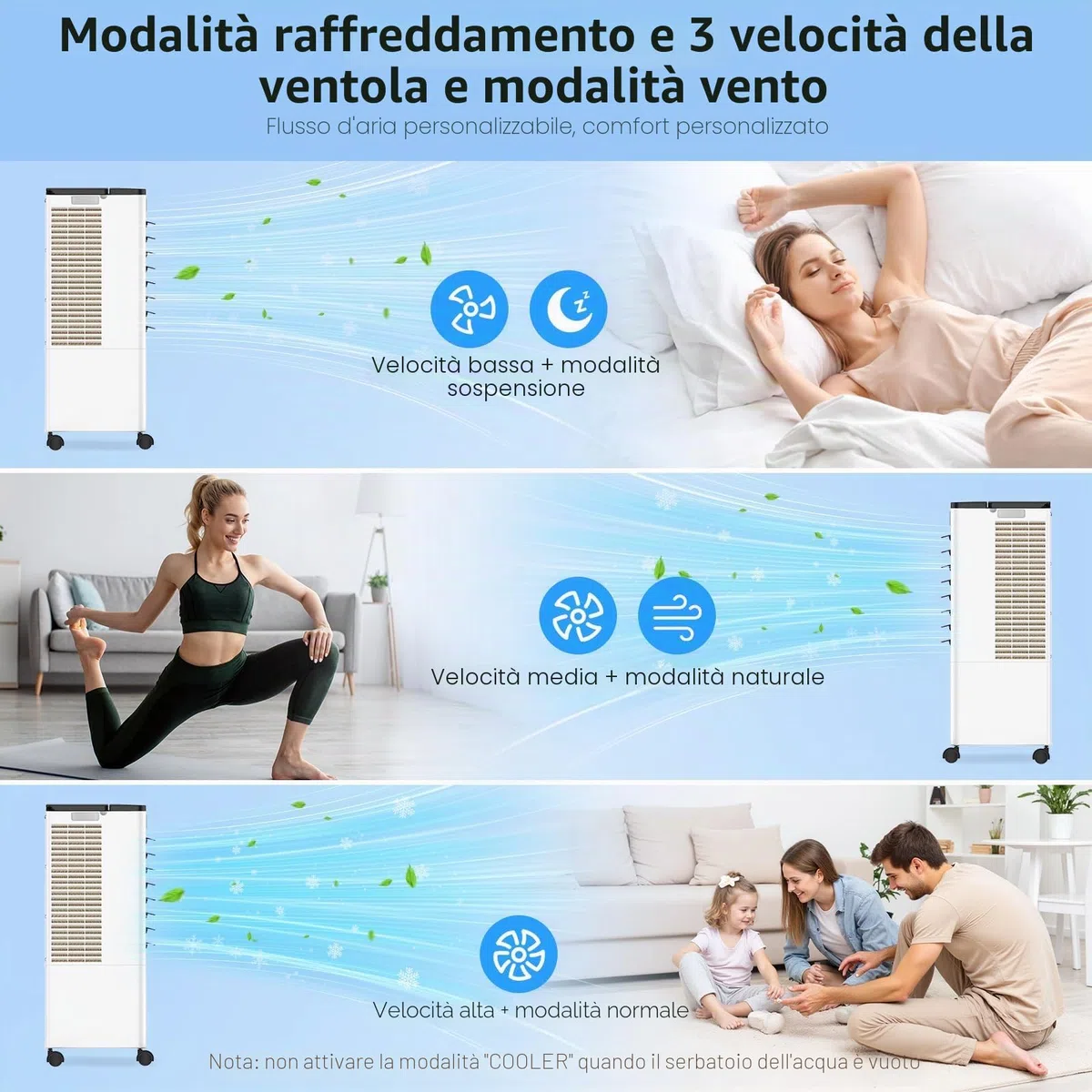 Condizionatore Portatile Senza Tubo, Raffreddatore d’Aria 4 in 1, 4 Modalità 3 Velocità, Climatizzatore Evaporativo 60 W, Timer 1-12 H, con Telecomando, 4 Ruote per Casa e Ufficio