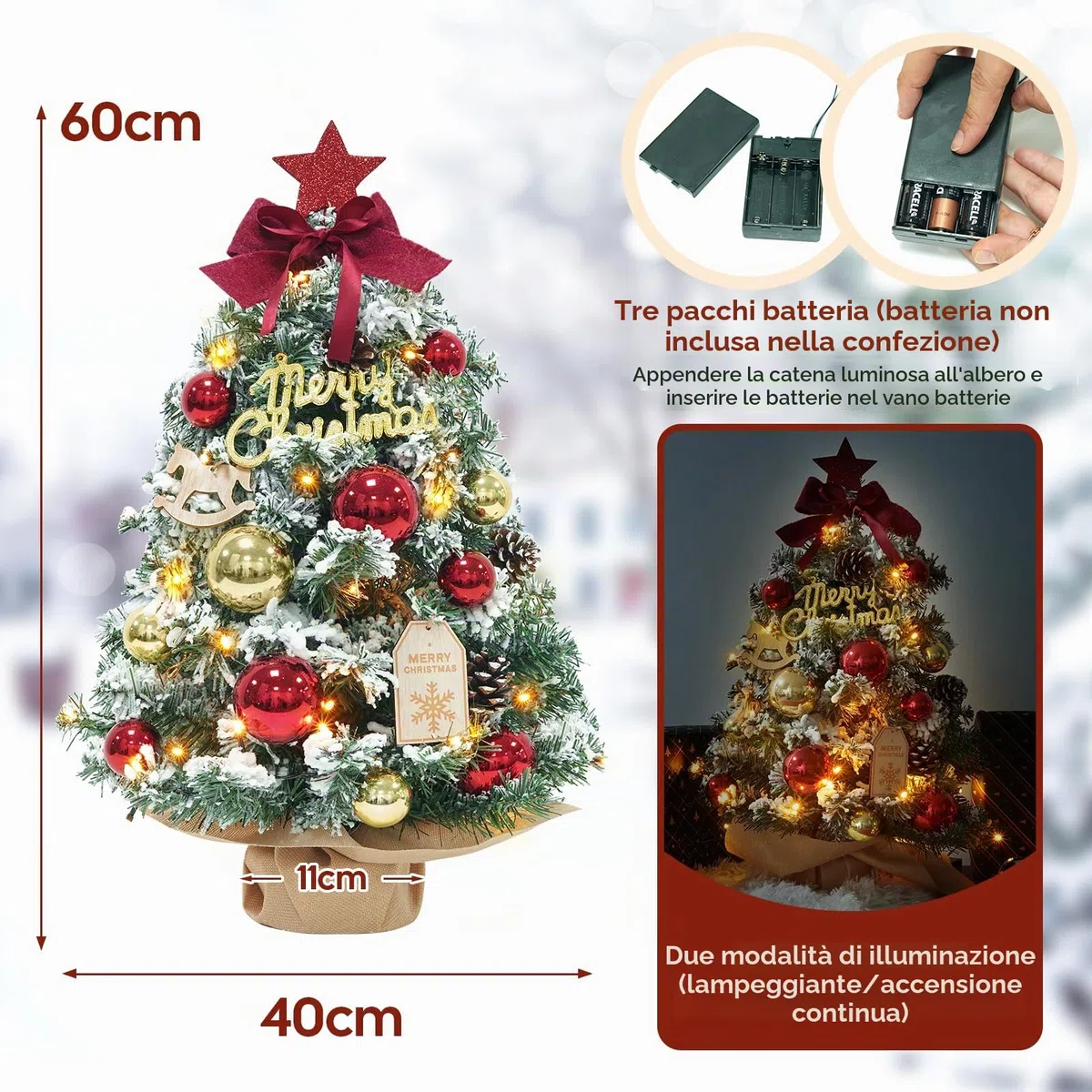 DEWUR Mini albero di Natale piccolo con illuminazione da tavolo a LED, piccolo albero di Natale decorato artificialmente, per decorazioni natalizie (60 cm, rosso con oro), F08-F11