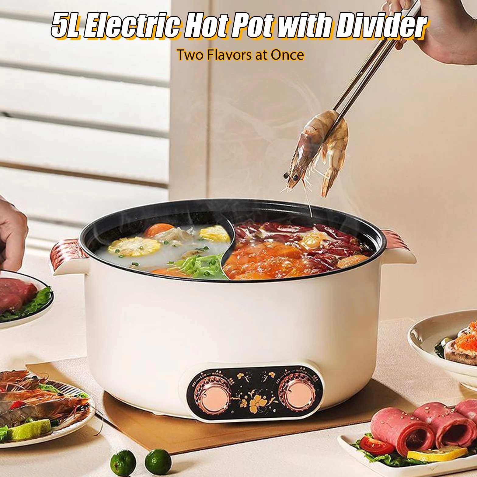 Pentola elettrica da 2 lati con due regolatori, 5 l, 1350 W, tre regolazioni di potenza, antiaderente multifunzionale, veloce per arrosti, ramen, fonduta