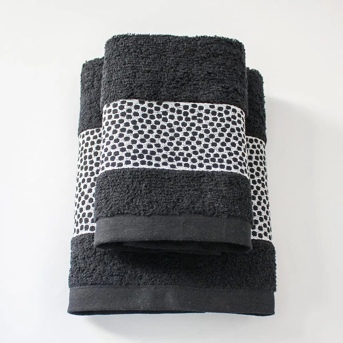 Jenny Sesal Set 1+1 Asciugamani Miriam con Balza in Jacquard, Set di due asciugamani da bagno Viso e Ospite misure: Viso: 50x100 cm. Ospite 38x58 cm. Morbidi al tatto (Nero)