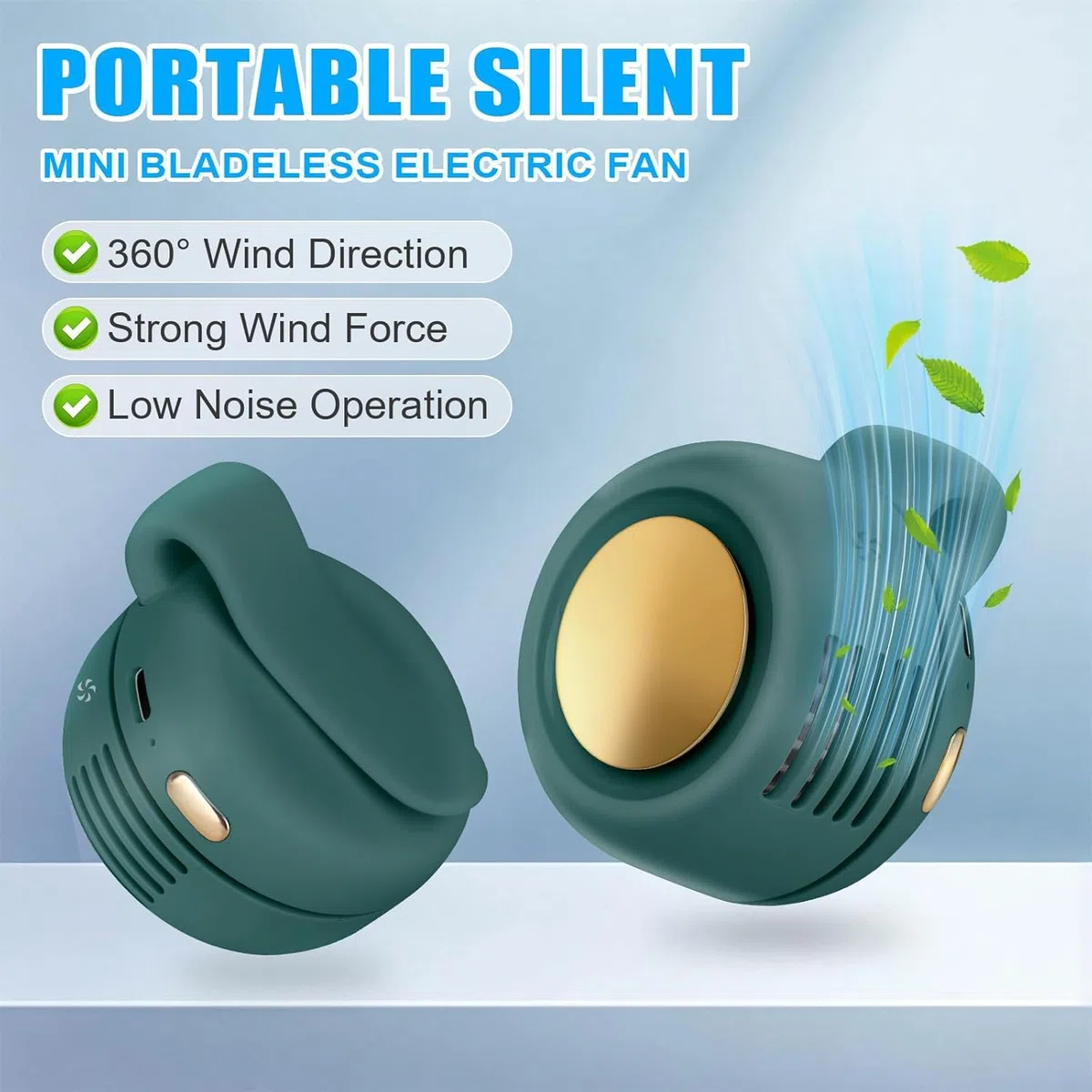 Mini ventilatore elettrico senza pale, portatile, silenzioso, a 3 velocità, con clip su vita e collo, ricaricabile, piccolo ventilatore elettrico da viaggio per esterni, viaggi, ufficio (verde)