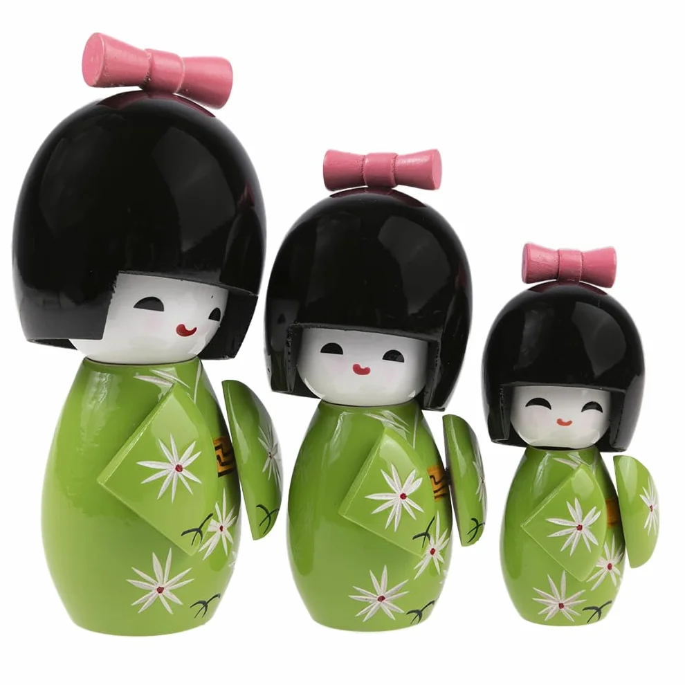 lachineuse - Trio Kokeshi giapponesi - Bambole giapponesi in legno - Kimono verde e fiori di ciliegio - Statuine decorative giapponesi - Idea regalo originale per decorazioni asiatiche