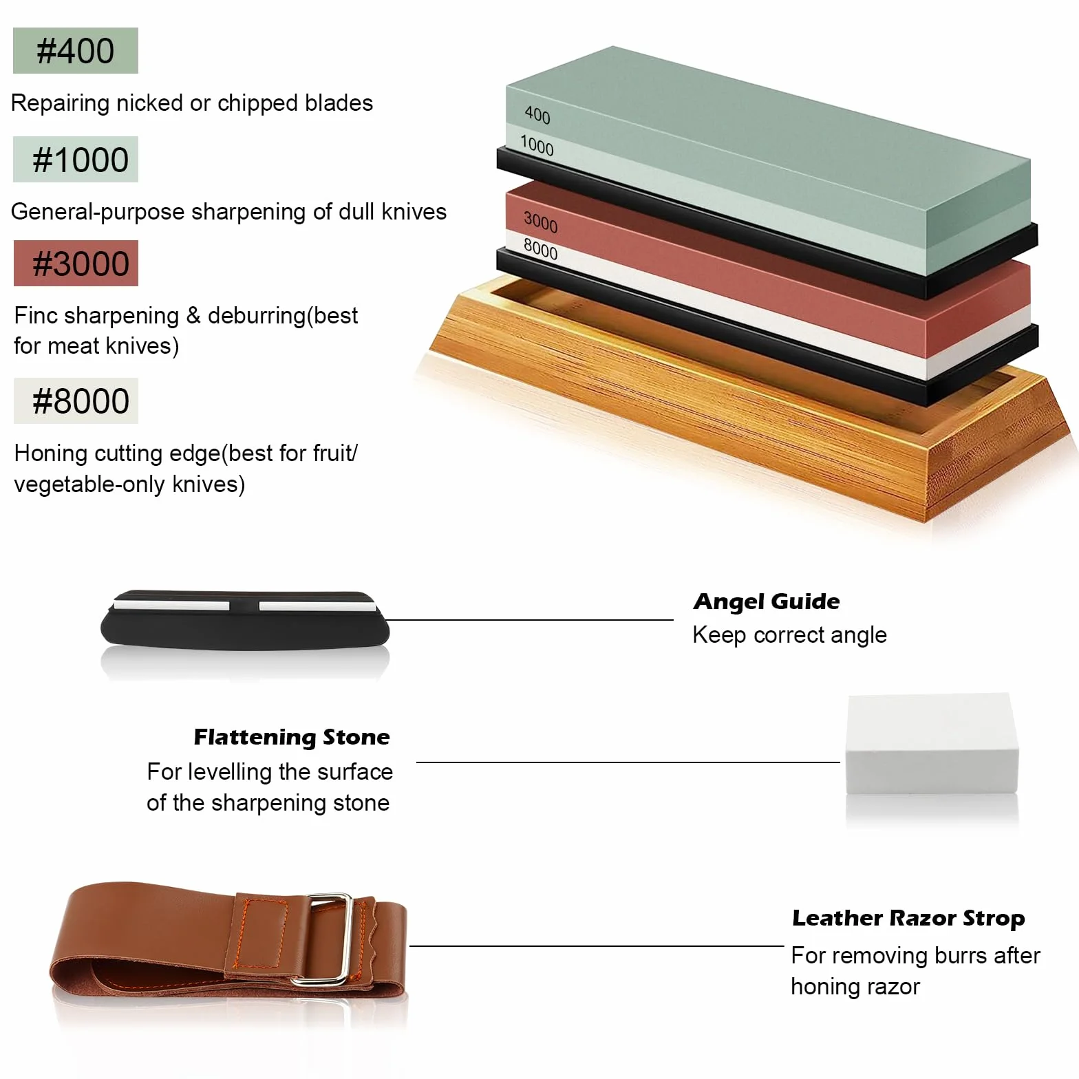 Pietra Affilacoltelli, 8 set Pietre per affilare coltelli 400/1000 3000/8000 Grana affilacoltelli giapponese con Pietra Appiattita Base in Silicone Antiscivolo Guida Angolare Strisce in pelle