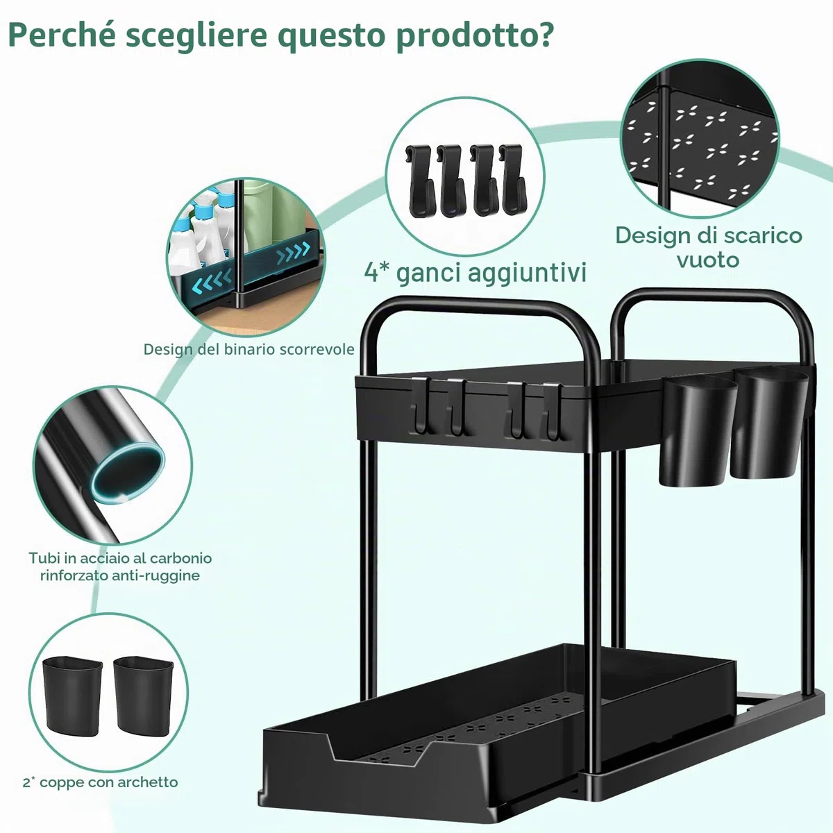 Organizer Sottolavello Cucina 2 Livelli, Estraibile Organizzatore Cucina Con 4 Ganci e 2 Tazze, Sottolavello Portaoggetti Ripiano Cassetto, Organizzatore per lavello Bagno (Nero,1 Pezzo)