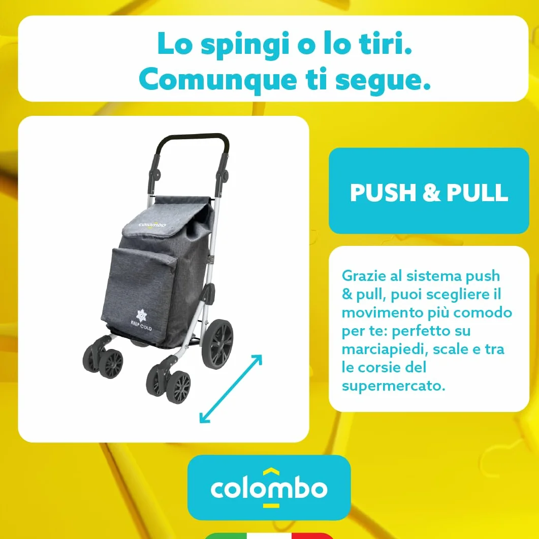 COLOMBO Troll Carrello Spesa in Alluminio Leggero e Resistente 60L con Borsa Termica 4L, 6 Ruote Push&Pull, Manubrio Regolabile Antiscivolo, Porta Monete – Carrello Spesa Pieghevole, Salvaspazio