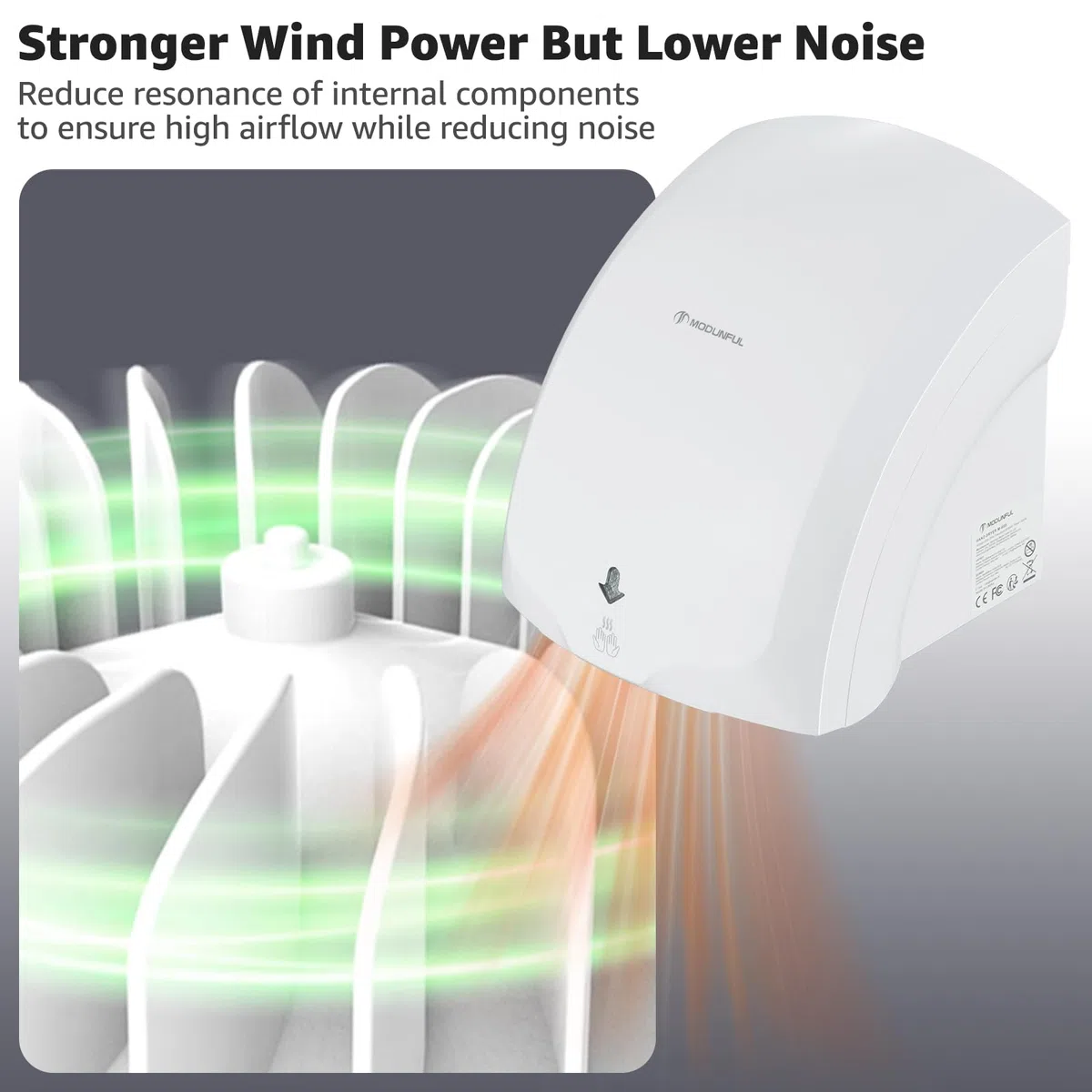 modunful Asciugamani automatico Asciugamani a muro con luce pilota, asciugatura ad aria calda e fredda, compatto classico commerciale 220V 2000W bianco