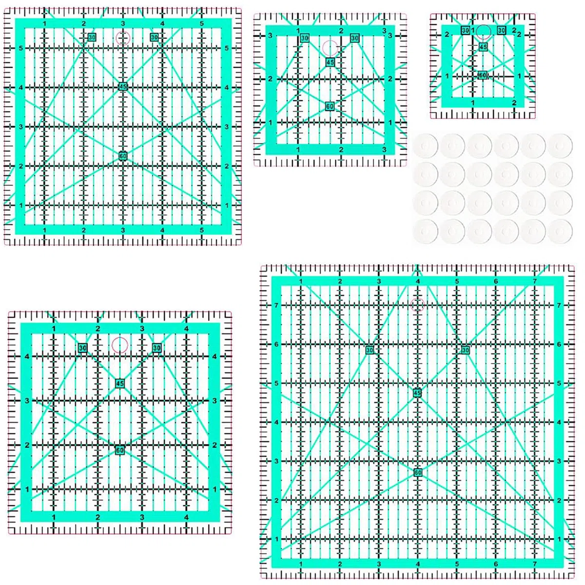 5 righelli quadrati grandi, per trapuntatura, patchwork, per cucito (6,3/8,9/15/15/15/20,3 cm)