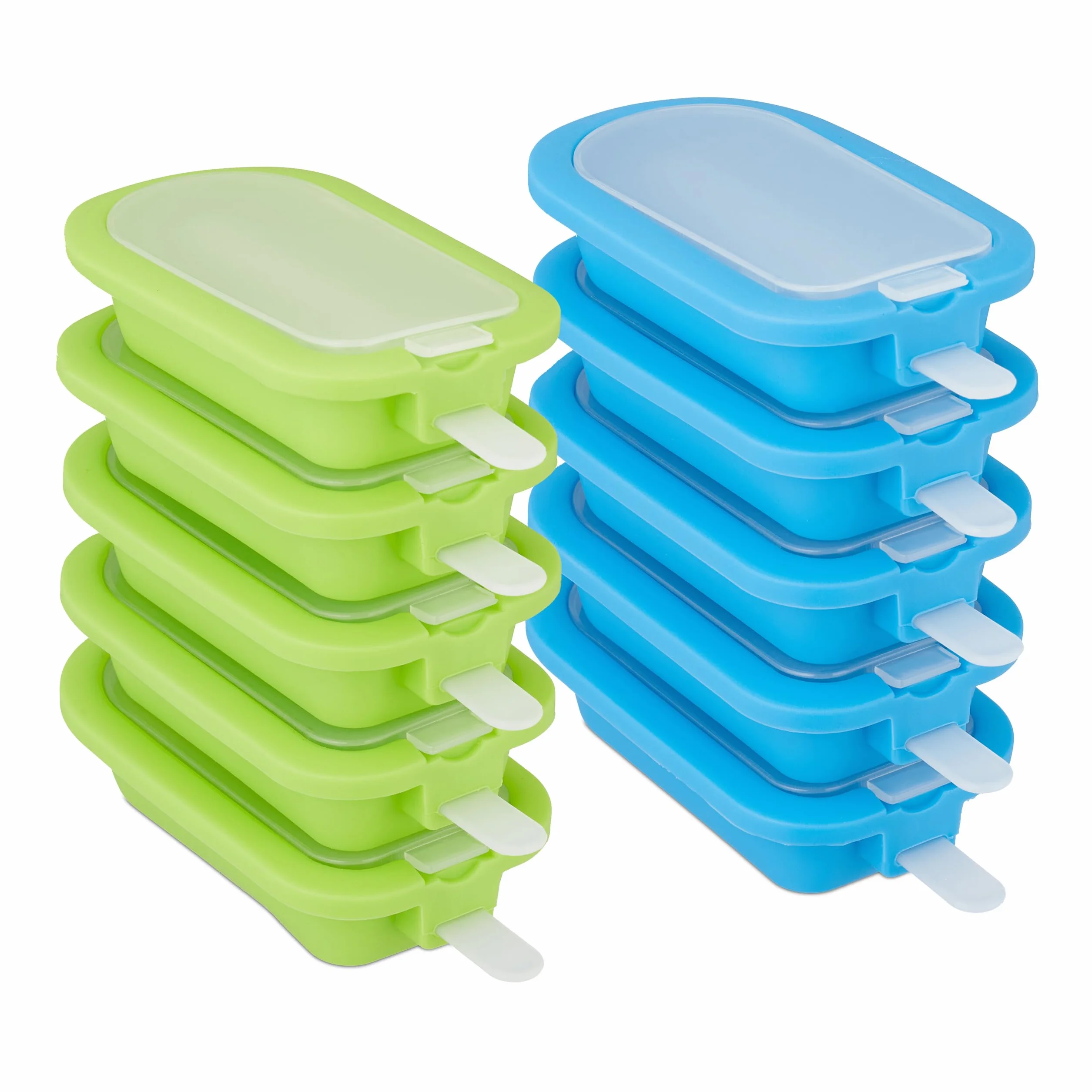 Relaxdays Stampi in Silicone per Ghiaccioli, Set da 10 Formine Senza BPA, Forme per Gelato con Bastoncino, Verdi e Blu