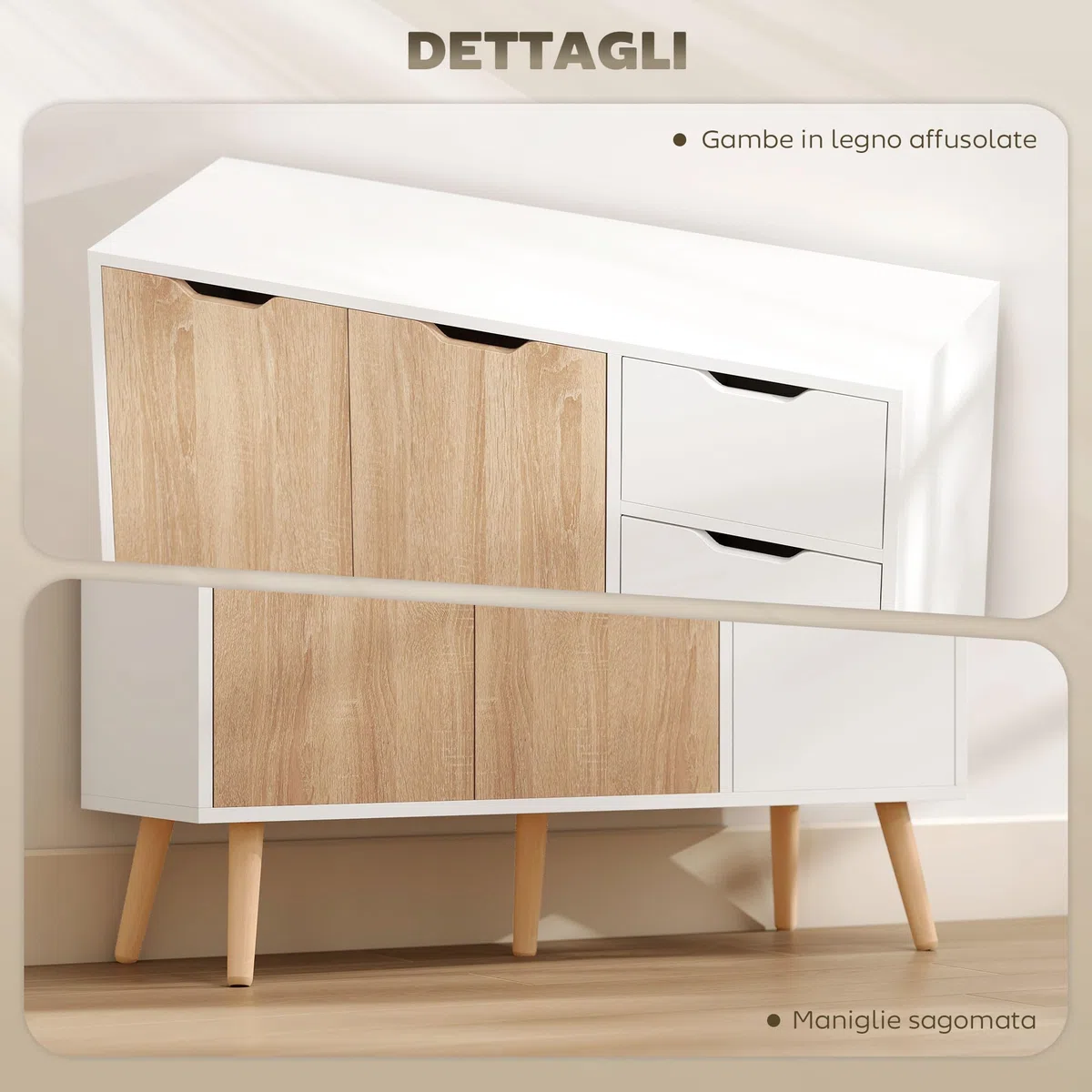 HOMCOM Mobiletto Multiuso con Cassetto e Armadietti, Credenza Stile Nordico in Legno per Camera, Soggiorno, Studio, 90x30x72 cm, Bianco e Color Legno