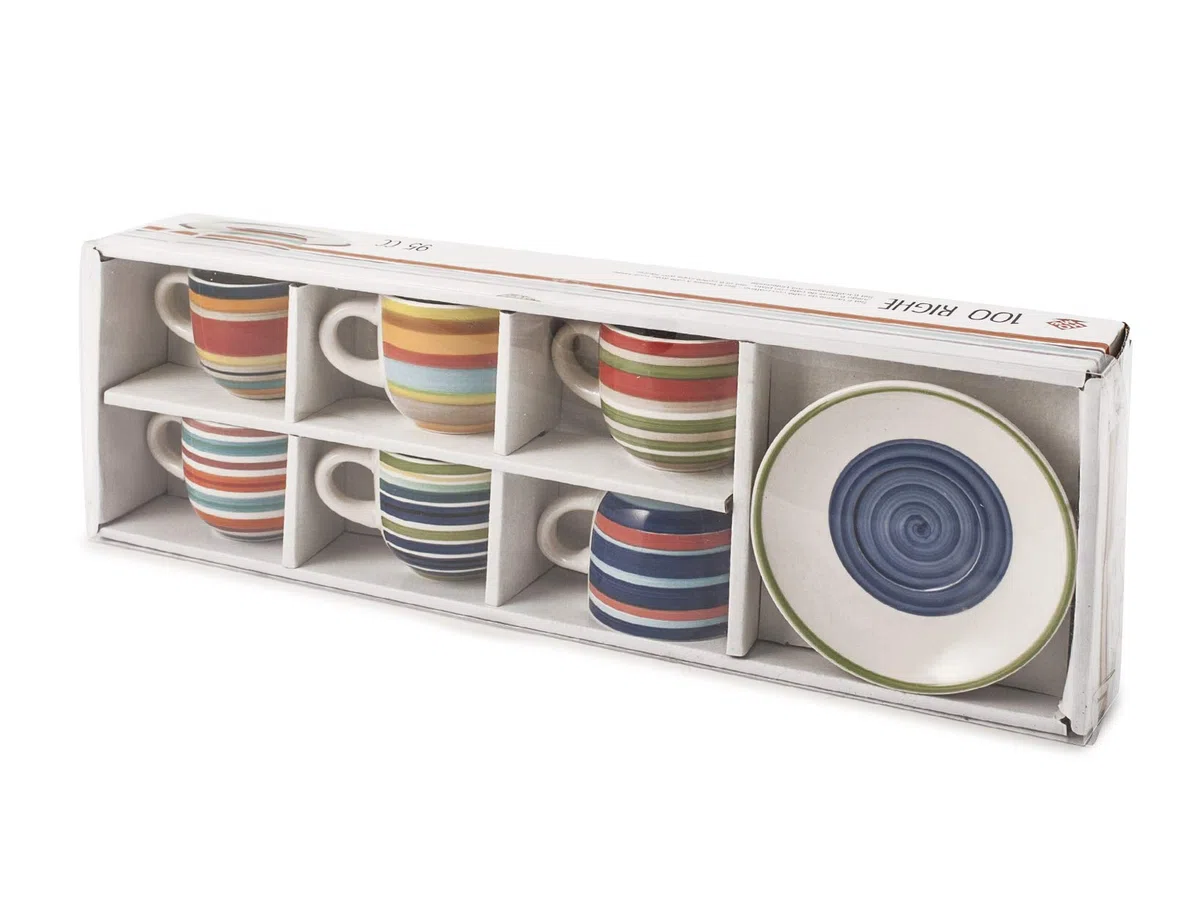 Home 100 Righe Set 6 Tazze Caffè, con Piattino, Stoneware, cc95