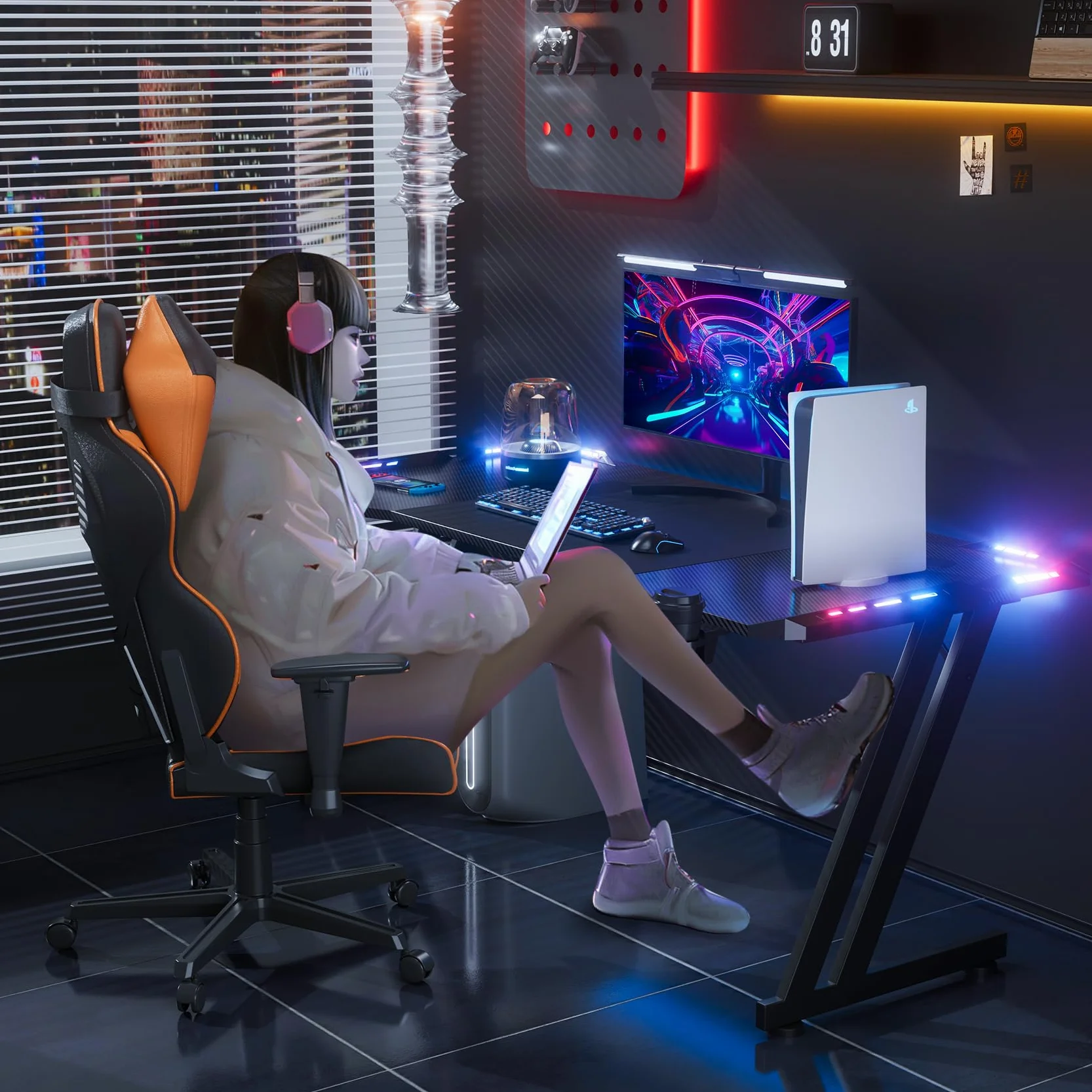 HLONONE 120 x 60 cm Scrivania Gaming LED, Tavolo Gaming Ergonomica, Postazione Gamer con Piano del Tavolo in Fibra di Carbonio, Scrivania per Computer con Porta Bicchiere e Ganci per Cuffie, Nero