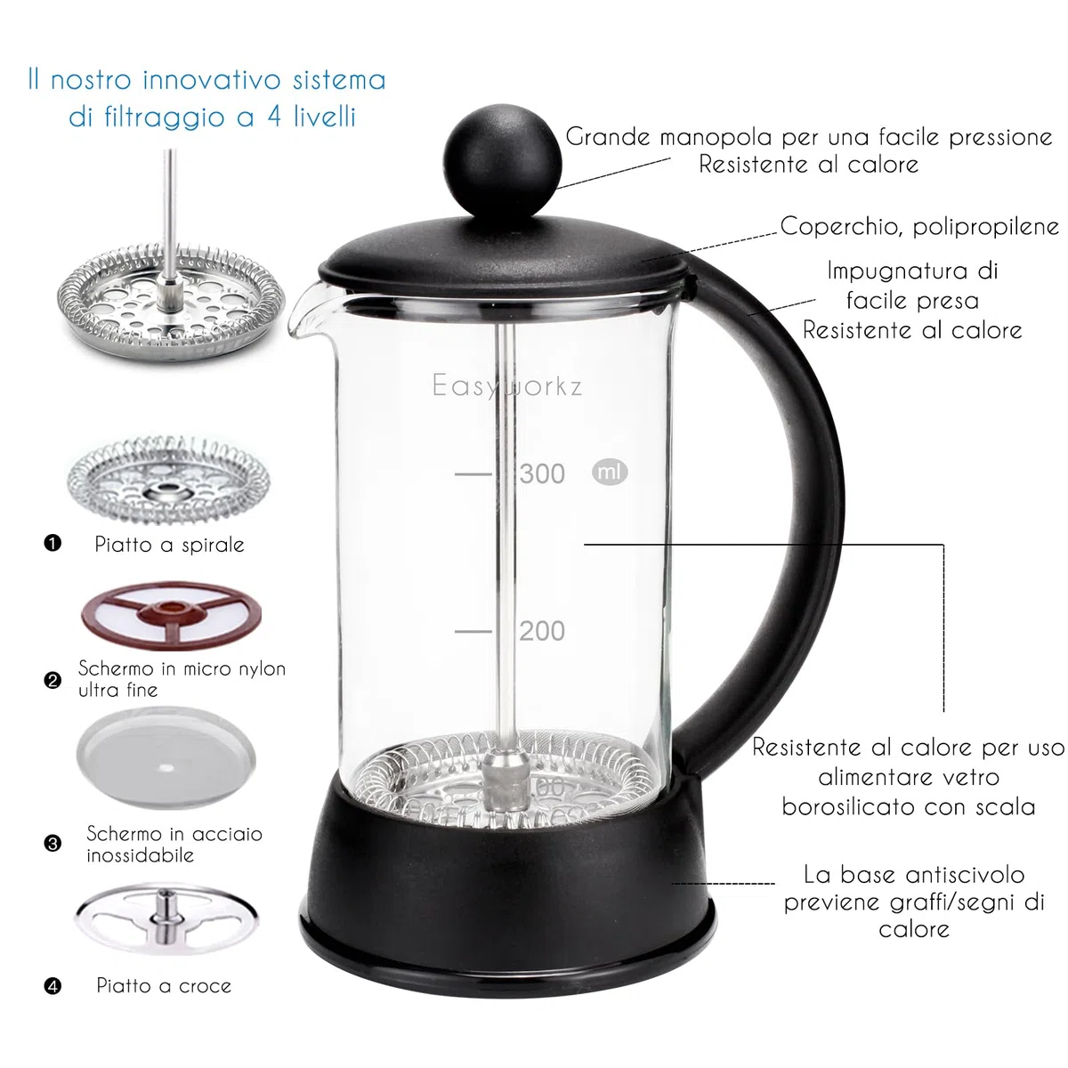 Easyworkz Eclipse Caffettiera francese con vetro borosilicato resistente al calore, 350 ml