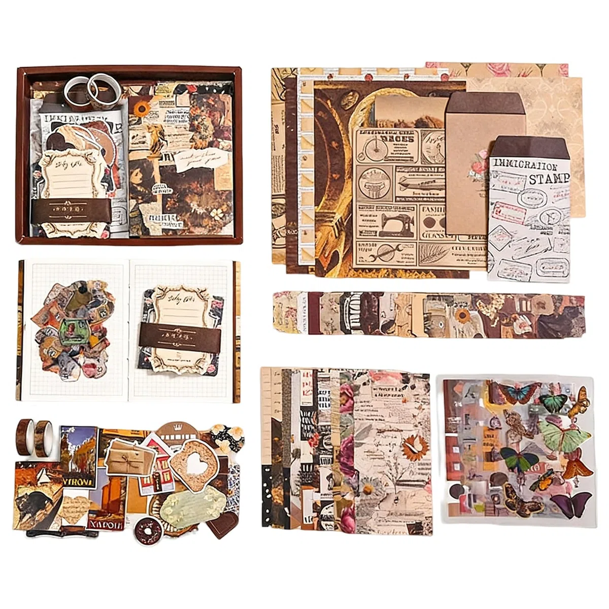RANYAKE Kit di 260 pezzi per album di ritagli, kit per diari spazzatura, stile vintage, contiene quaderni quadrati A6, adesivi, accessori per scrapbooking, decorazioni fai da te