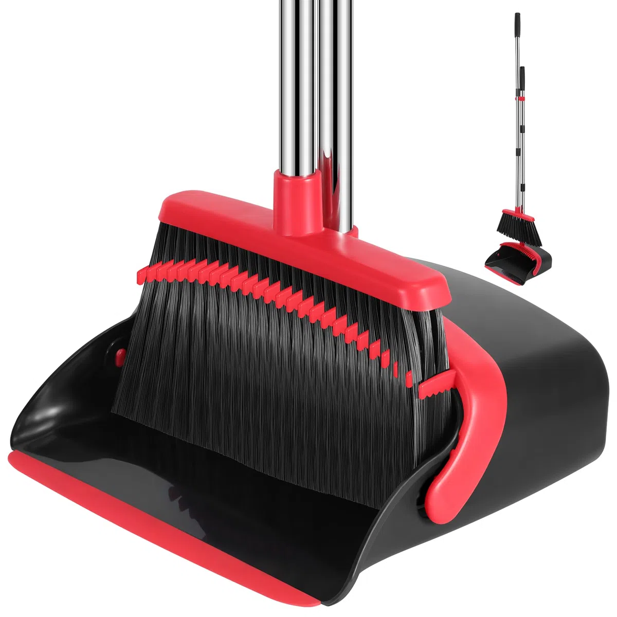 NACENA Set di scopa e paletta, manico regolabile lungo 132 cm, con denti per pulire automaticamente i capelli, adatto per casa, cucina, ufficio, corridoio, pavimento (nero e rosso)