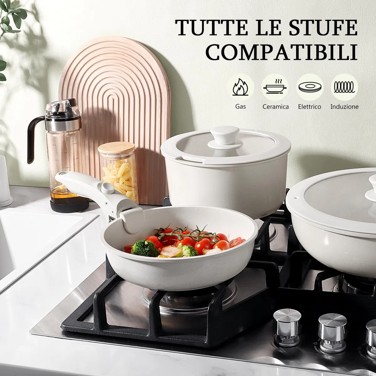 GiPP Set di Pentole e Padelle Ceramiche Antiaderenti 3 Pezzi con Manico Amovibile - Cucina Sana per Camper, Senza Tossine, Compatibile Induzione/Forno/Lavastoviglie