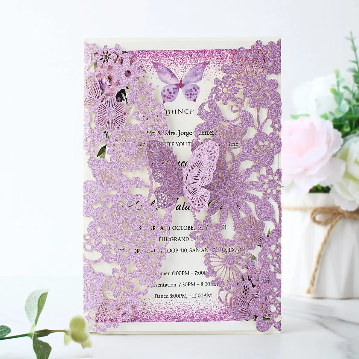 Hosmsua 20x Viola Biglietti Di Invito Per Matrimonio e buste, Taglio Laser con Farfalla Inviti per Compleanno, Matrimonio, Fidanzamento, Inviti di Nozze (20 pezzi)