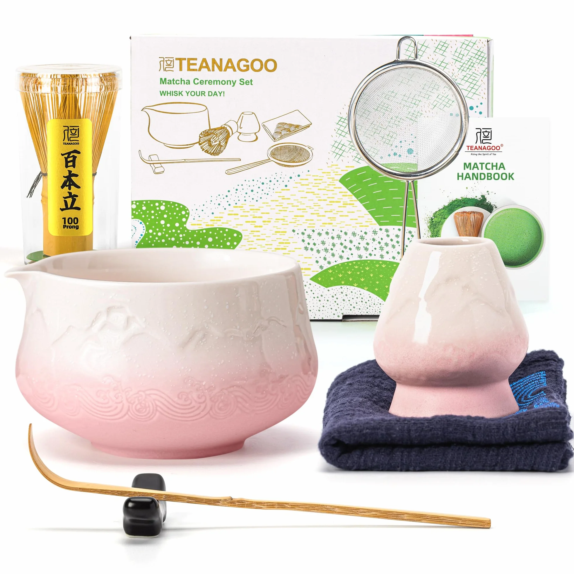 TEANAGOO MATCHA KIT, Matcha Set rosa, Matcha Cerimoniale, set per preparare il latte al tè matcha, set con frusta e ciotola con cucchiaio e setaccio, ciotola in ceramica con design Fuji,