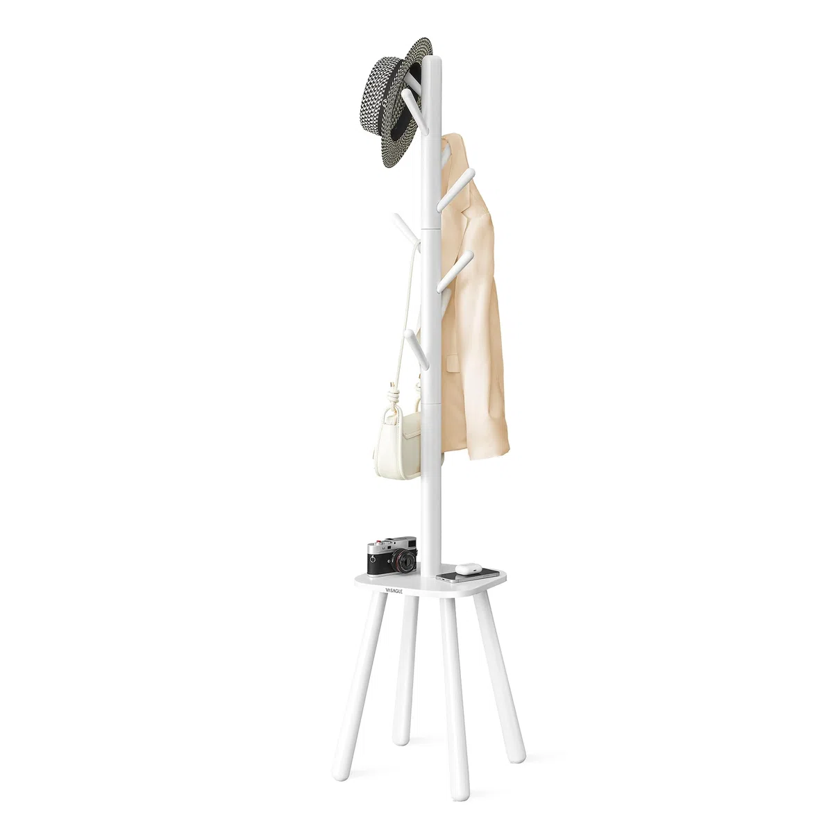 VASAGLE Attaccapanni da Terra, Appendiabiti da Terra, con 8 Ganci e Piano Portaoggetti, Alto 170,5 cm, per Cappotti Cappelli Borse, Ingresso Corridoio Camera da Letto, Bianco Nuvola RCR033W01