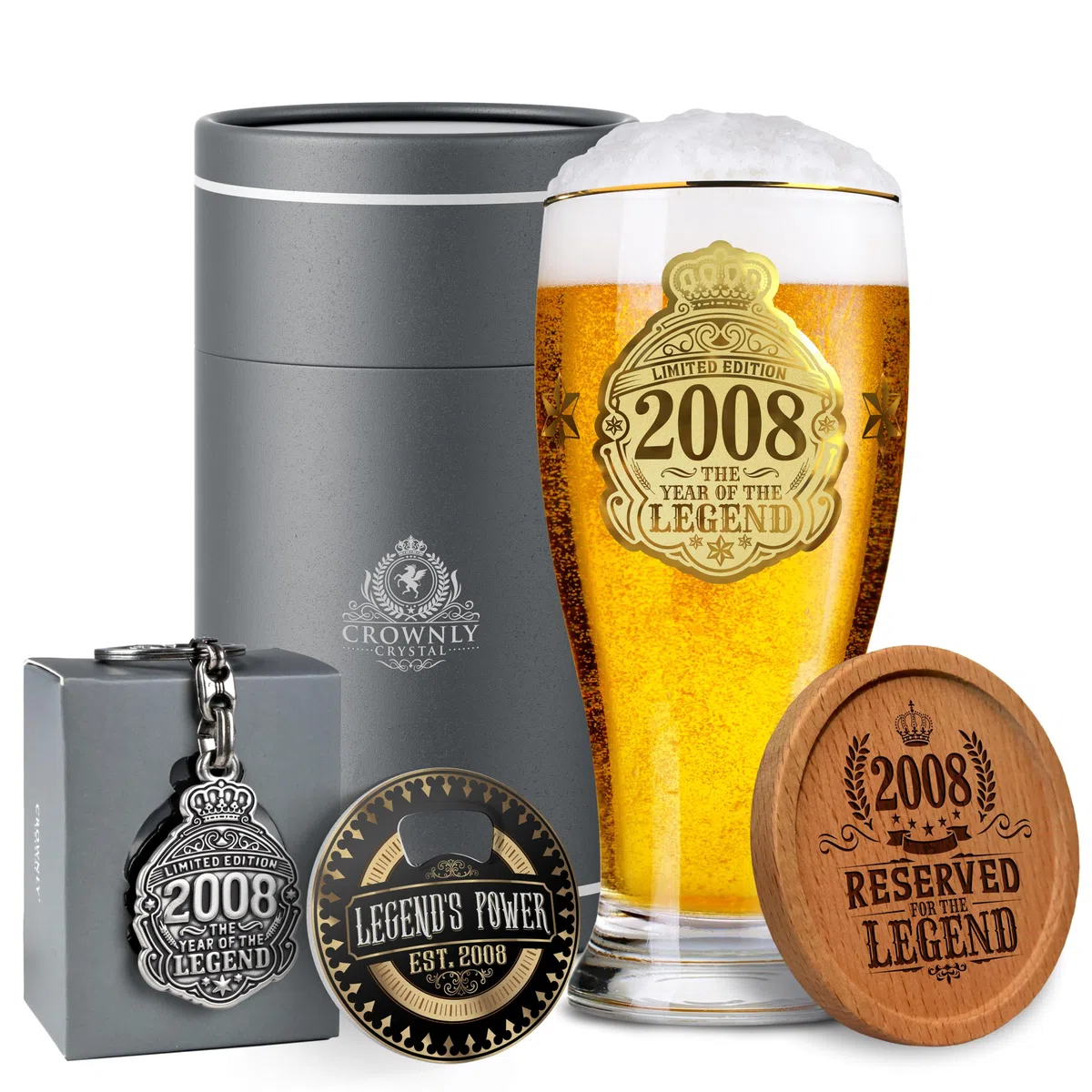 CROWNLY CRYSTAL® 2008 Regalo 18 Anni Ragazzo Bicchieri Birra 570 ml Bicchieri Personalizzati Decorazioni Compleanno 18 Biglietto Auguri 18 Anni Regalo Compleanno Uomo Regalo Amica Regalo Amico