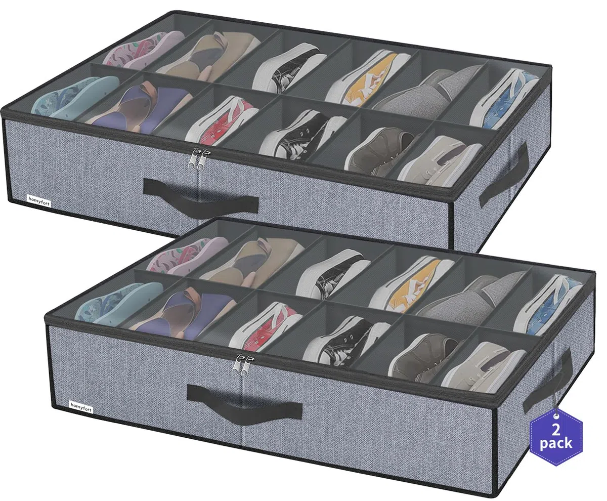 homyfort Set di 2 Organizzatore Scarpe Sottoletto con Coperchio Trasparente - Custodia Portascarpe a 12 Scomparti Organizer Pieghevole in Tessuto, Lino Grigio, XDUBSB2P