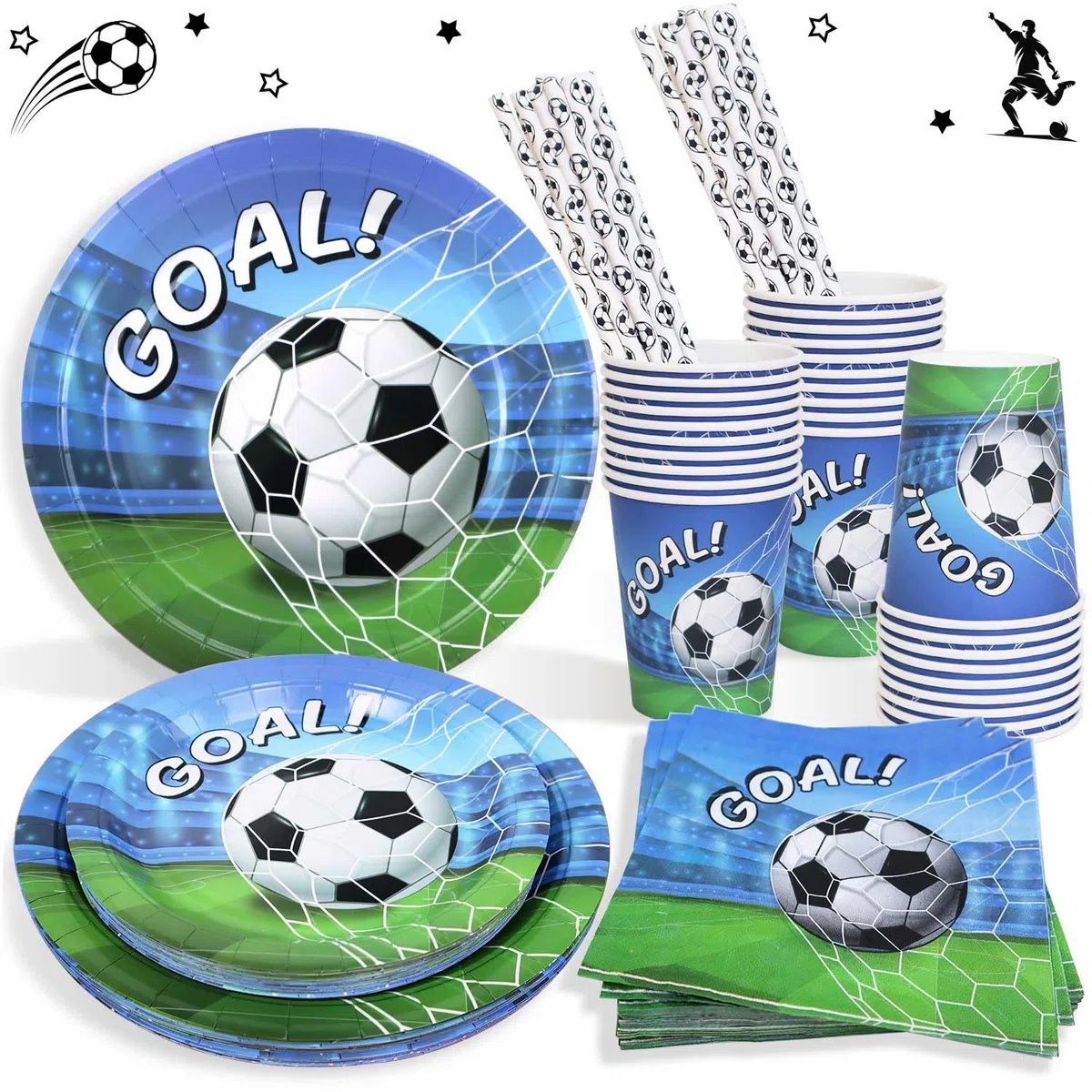 Piatti Calcio Compleanno Bambini per 25 Ospiti, 125 Pezzi Piatti e Bicchieri Tema Kit Compleanno Calcio Decorazioni per Feste Tema Sportivo Ragazzi