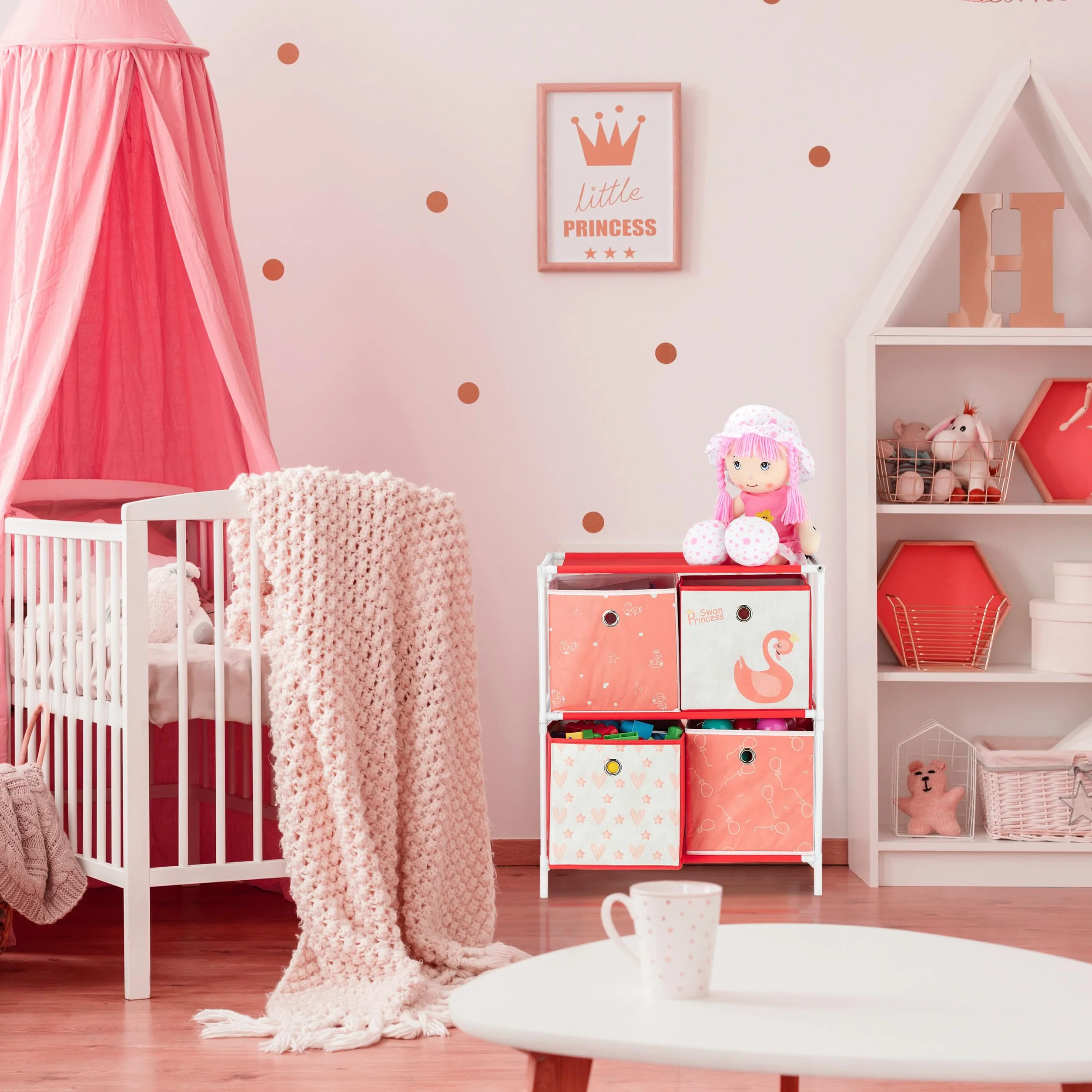 Relaxdays Scaffale per Giocattoli con 3 Scatole, Bambini Bambine Design Swan Princess HBT 89x27,5x30 cm, Bianco/Rosso