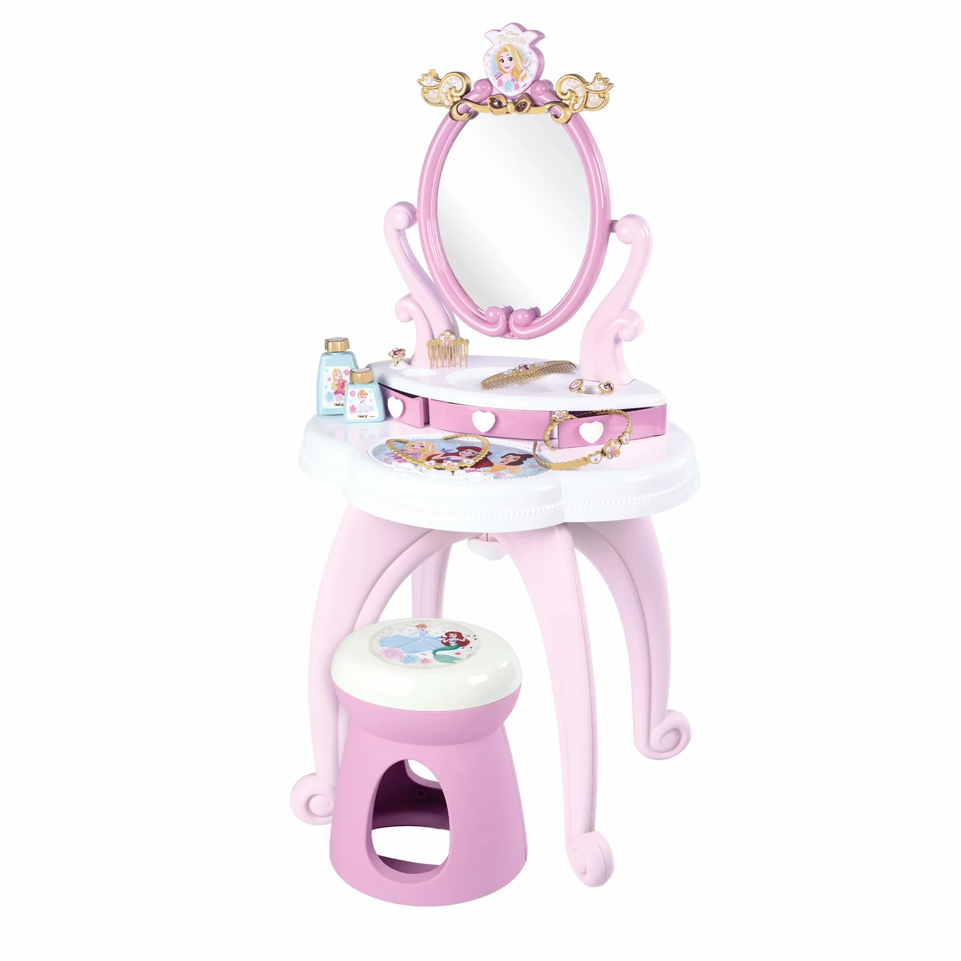 Smoby - Disney Princess specchiera 2 in 1, 7600320250, +3 anni, con sgabello, specchio girevole, da specchiera a tavolo, 10 accessori