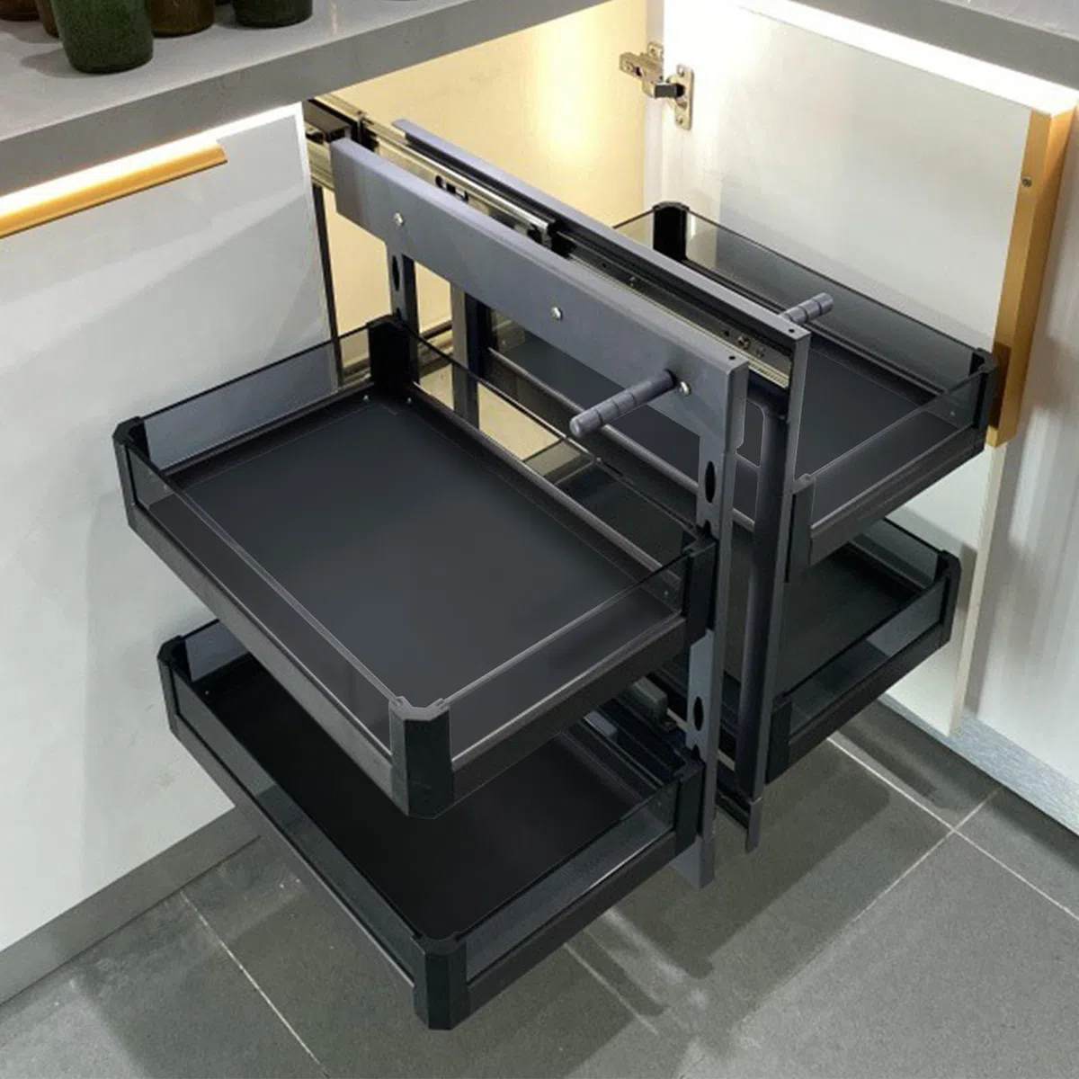 Unità d'Angolo Cucina Estraibile Contenitore Soft Close Home Cabinet Organizer con 4 Cestelli Portaoggetti, Cestello Estraibile Angolare Universale Sinistro e Destro 800, Nero, Acciaio al Carbonio