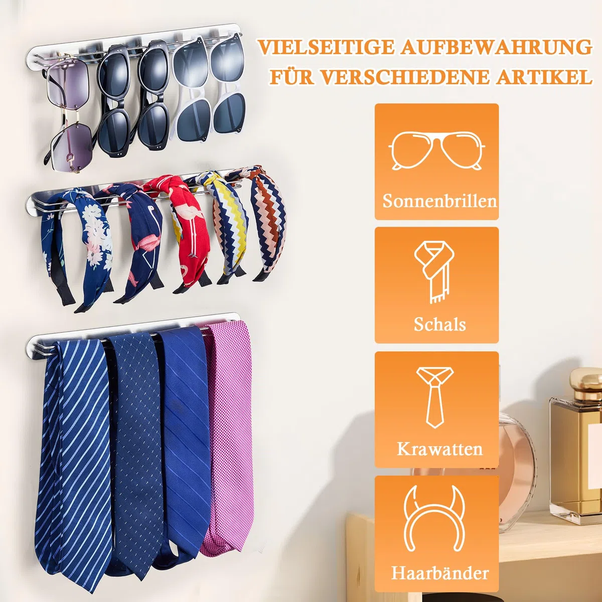 Supporto per occhiali da parete, supporto per occhiali da sole, supporto per occhiali da sole, supporto autoadesivo per occhiali, scaffale per occhiali da sole, organizer (Argento, 2 PCS)