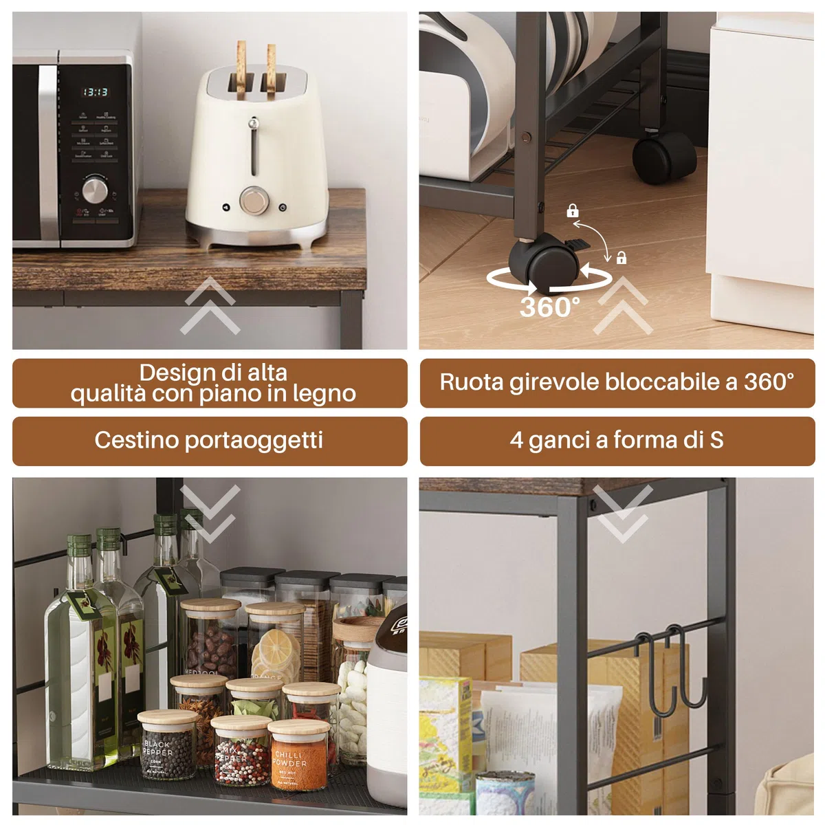 Carrello da Cucina con Microonde su Ruote,Tavolo per Microonde a 3 Ripiani con Spazio di Archiviazione,Piccolo Scaffale per Carrello da caffè per Organizzare Il Soggiorno O L'Ufficio.