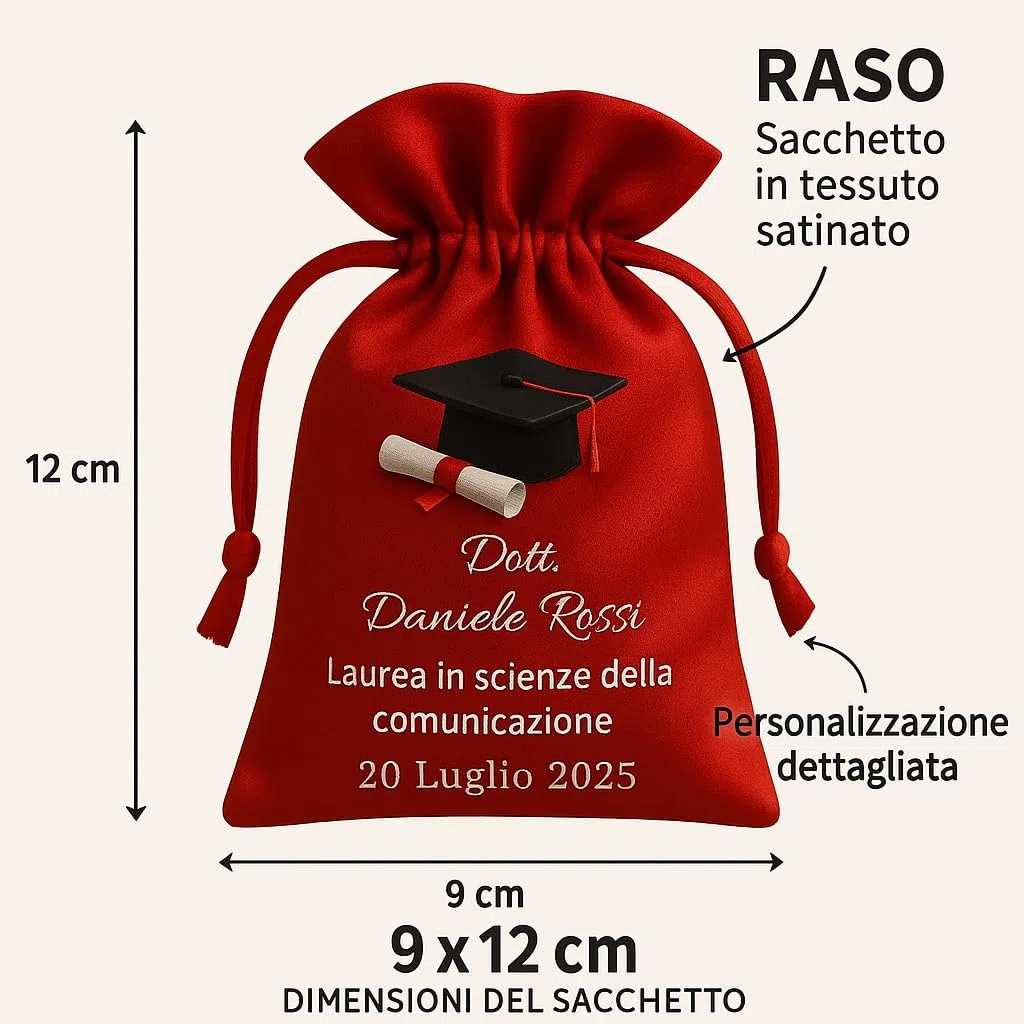 Sacchetti Laurea Personalizzati, in Raso, 12 Pezzi, Rosso, con Stampa Tocco e Pergamena, Bomboniere per Festa di Laurea