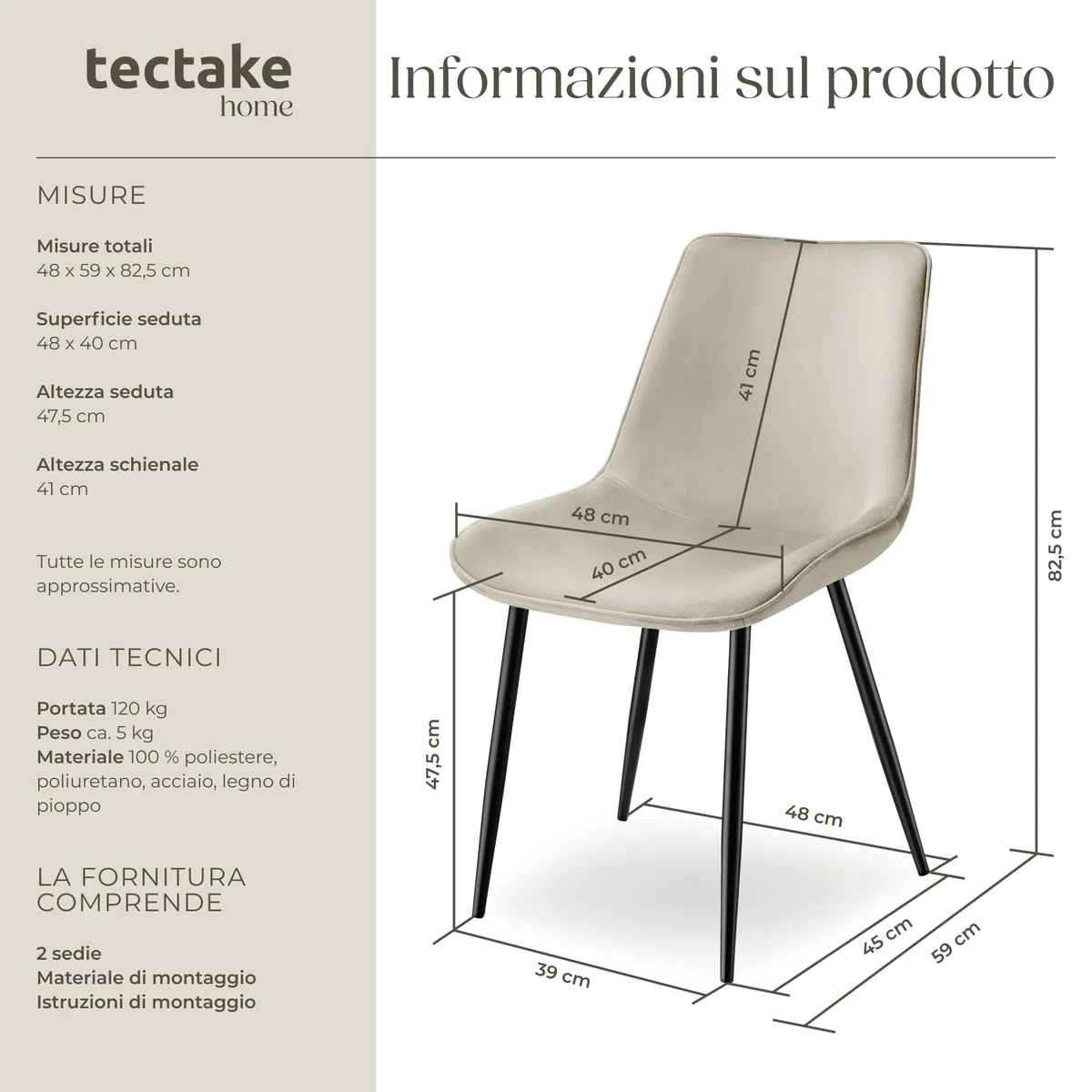 tectake® Set 2 Sedie Sala da Pranzo Effetto Velluto, Sedie Soggiorno con Morbida Imbottitura, Seduta Ergonomica, Poltrone Velluto Versatili, Sedie Design Moderno - Crema