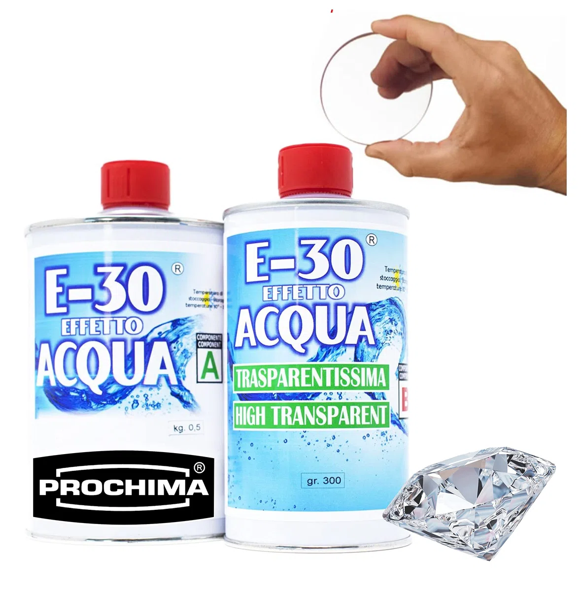 RESINA EPOSSIDICA TRASPARENTE, E-30 Effetto Acqua A+B, Certificata Atossica, 800 GR