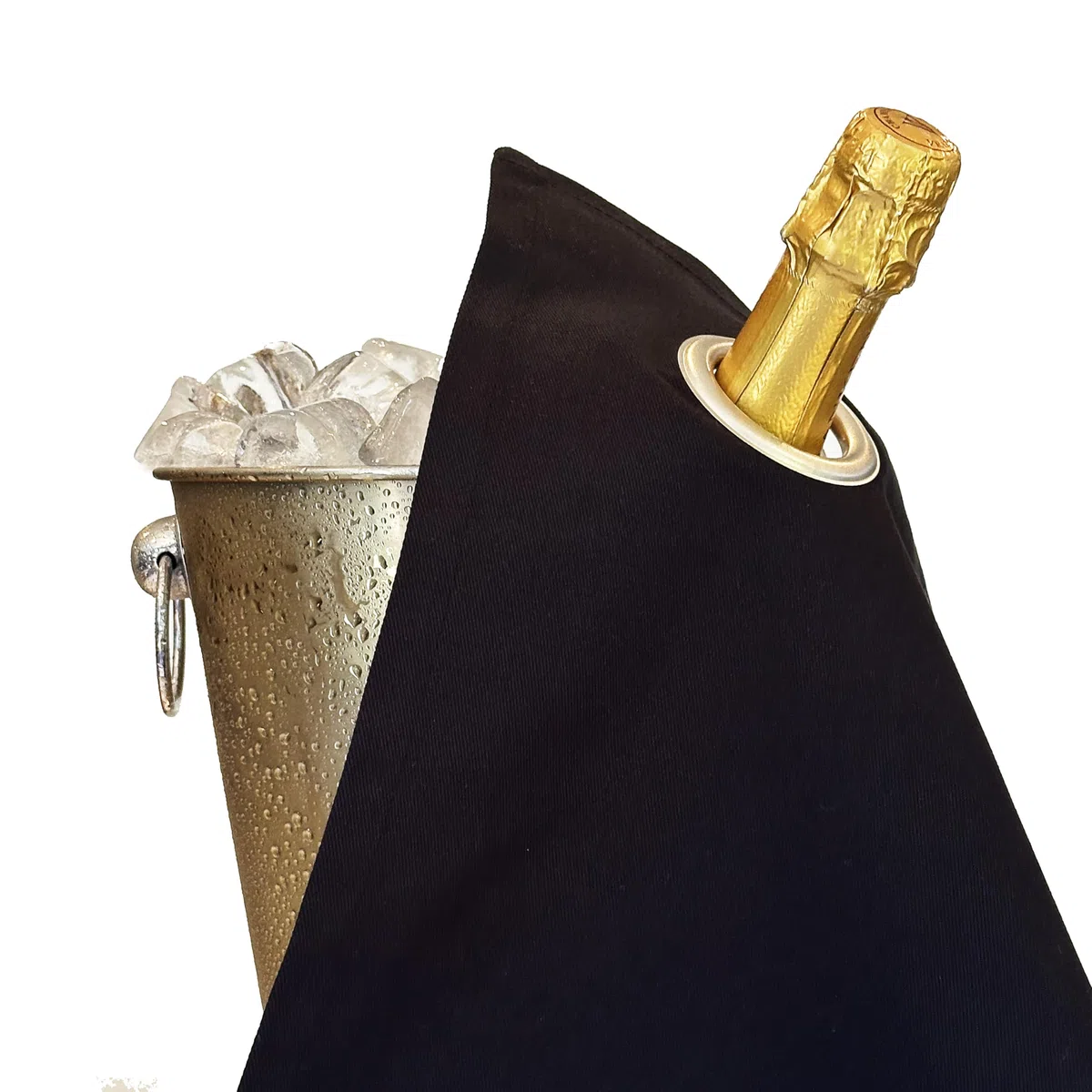 Collezione Classic, Chiffon per Bottiglia con Anello Metallico per Secchielli del Ghiaccio, Cotone, 42 cm, Foro Angolare (Nero con Anello Argento, Confezione da 1)